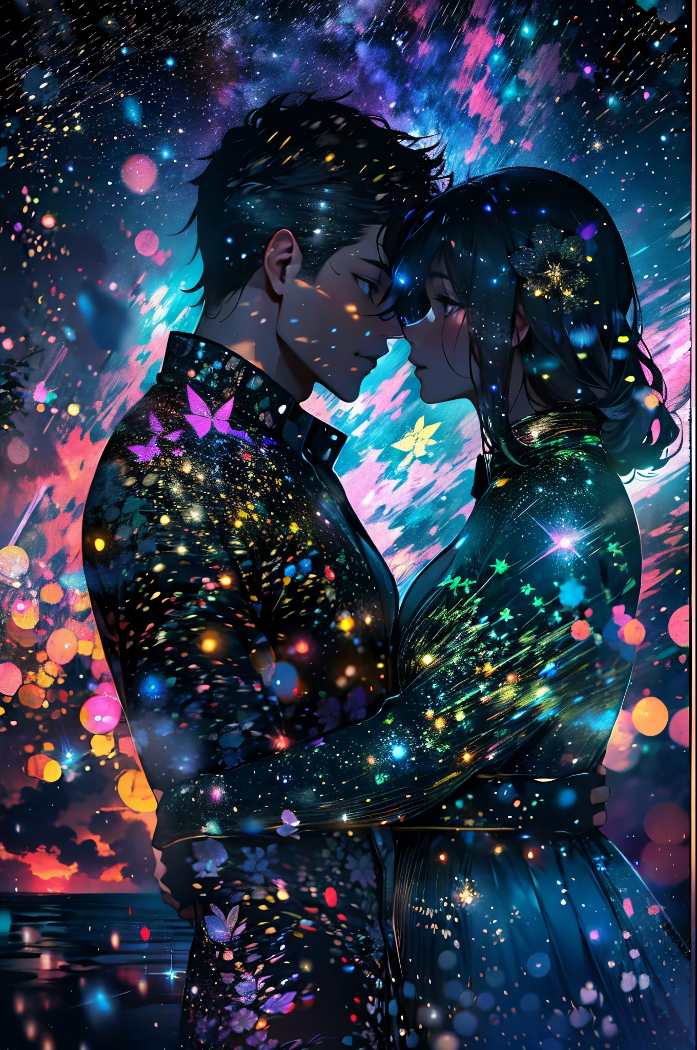 double contact，Oliver Morris double exposure photography style，Couple silhouette，Close-up cleavage，Sparkling starry sky，Colorful，vivd colour，a true，フォトリアリスティック，k hd，8K分辨率，tmasterpiece