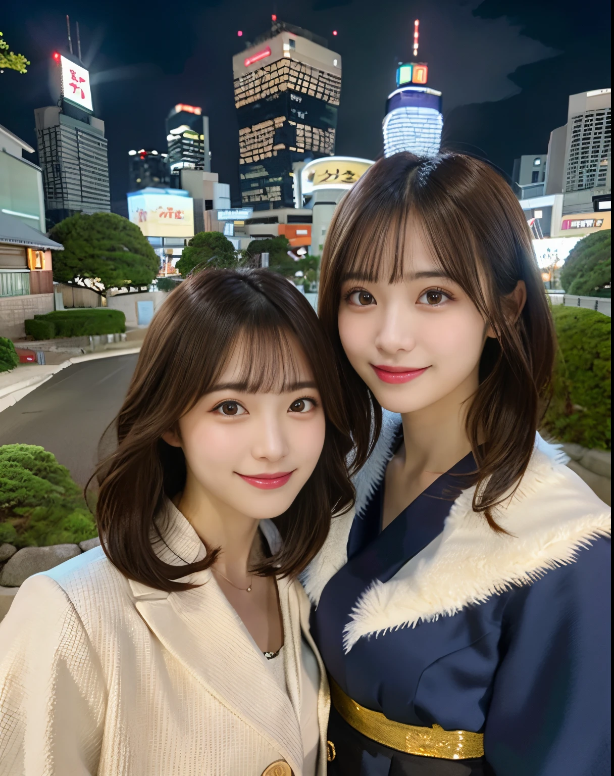 (nogizaka girl:1.3),(fair skin:1),(perfect body:1),(athlete:1),(nude:0),(curvy body:1),(model:1),(large breasts:1),(incoming kiss:1),(looking at viewer:1),(ultra high resolution:1.2),(best quality:1.2),(masterpiece:1.2),(realistic:1.2),(photo realistic:1.2),(professional lighting:1),(professional photo:1.1),(perfect anatomy:1),(sharp focus:1),(highly detailed:1.1),(intricate details:1),(ultra detailed:1),(RAW photo:1),(8k:1),(4k:1),(blurry background:1)
BREAK
(extremely detailed eyes and face and skin:1)
BREAK
They are all dressed in elegant and trendy dresses, showcasing their unique styles. The atmosphere is lively and filled with excitement.
The women are posing together, each displaying their individual charm. Some of them are laughing and holding hands, while others are striking playful poses or blowing kisses to the camera. They are surrounded by the dazzling lights and bustling streets of the city at night, with colorful buildings and a vibrant nightlife as the backdrop.
BREAK
<lora:JapaneseDollLikeness_v15:0.29> <lora:koreanDollLikeness:0.1> <lora:taiwanDollLikeness_v20:0.01> <lora:flat2:-0.5> <lora:epi_noiseoffset2:0.5> <lyco:MultipleGirlsGroup:1>