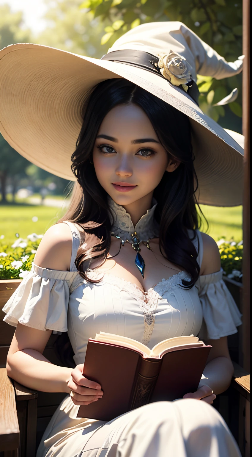 Beautiful young girl 25 years old, The girl smiles sweetly, Girl reading a huge ancient book, His face is illuminated by the bright rays of the sun, The girl is dressed in a white dress, witch's hat on the head, The perfect female face of the goddess, Деталь 8k, photo realistic style, sharp-focus, Professional lighting, colorful details, The painting is built according to the rule of the golden ratio, Around the garden of white roses, full-arm-gloves