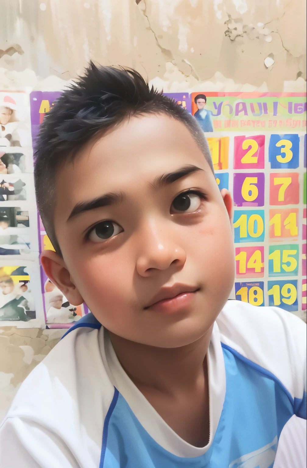 there is a young boy that is sitting in front of a wall, boy with neutral face, reyyan, ayan nag, handsome face, boy has short black hair, boyish face, john jude palencar, kid, ismail, perfect face and boy, young boy, face showing, close up potrait, detailed face of a asian boy
