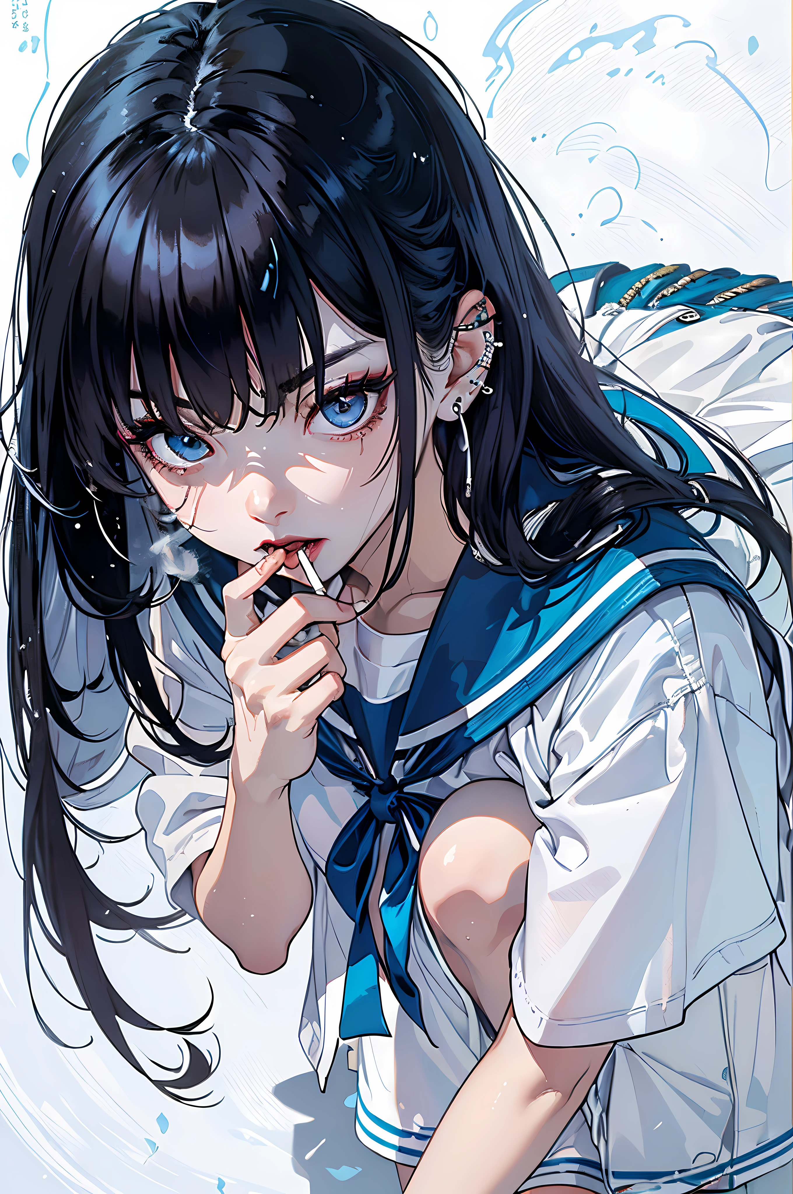 (master piece:1.4),Hypal Quality, Hyper Detailed,(((Knees wide open)))、(((Crouching)))、(((cigarette smoke)))、(((Long Black Hair)))、bangss、(((Whitening skin)))、(((Pure white lipstick)))、((eyeshadows:1.3))、((Raised corners of the eyes))、(Outrage:1.2)、((Pull the chin))、(((squinted)))、(Kamimei:1.3),(glares:1.4)、((half-opened mouth))、((Wrinkles between the eyebrows))、(numerous piercings in the ears)、(((Breakdown)))、(((White sailor suit)))、Shot diagonally from above