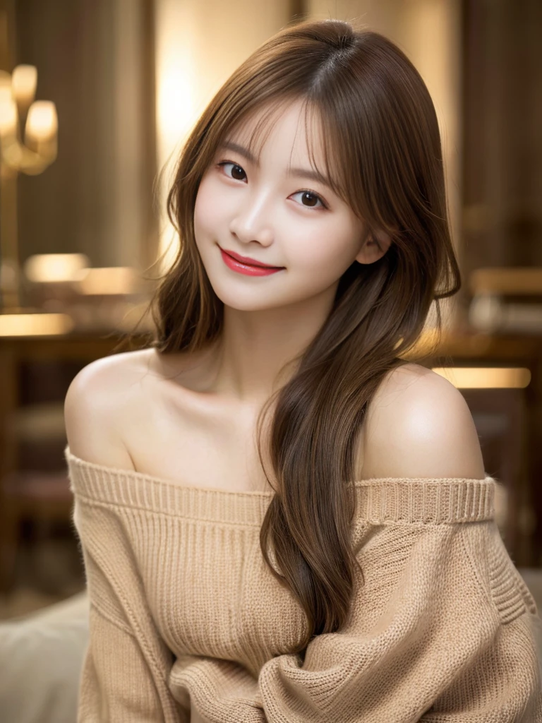 best quality, masterpiece, ultra high res, photorealistic, 1girl, offshoulder, smile, oversized_sweater, soft lighting, detailed skin,brown hair