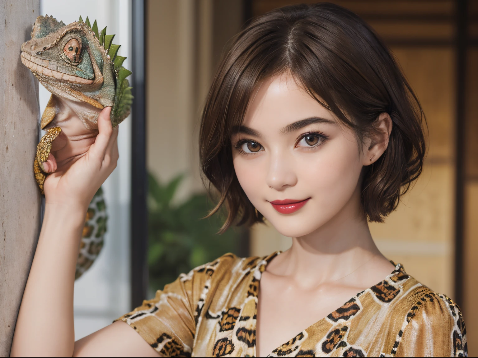 113
(a 20 yo woman,is standing), (A hyper-realistic), (high-level image quality), ((beautiful hairstyle 46)), ((short-hair)), (Gentle smile), (brest:1.1), (wild animal print clothing), (There is a chameleon), (lipsticks)