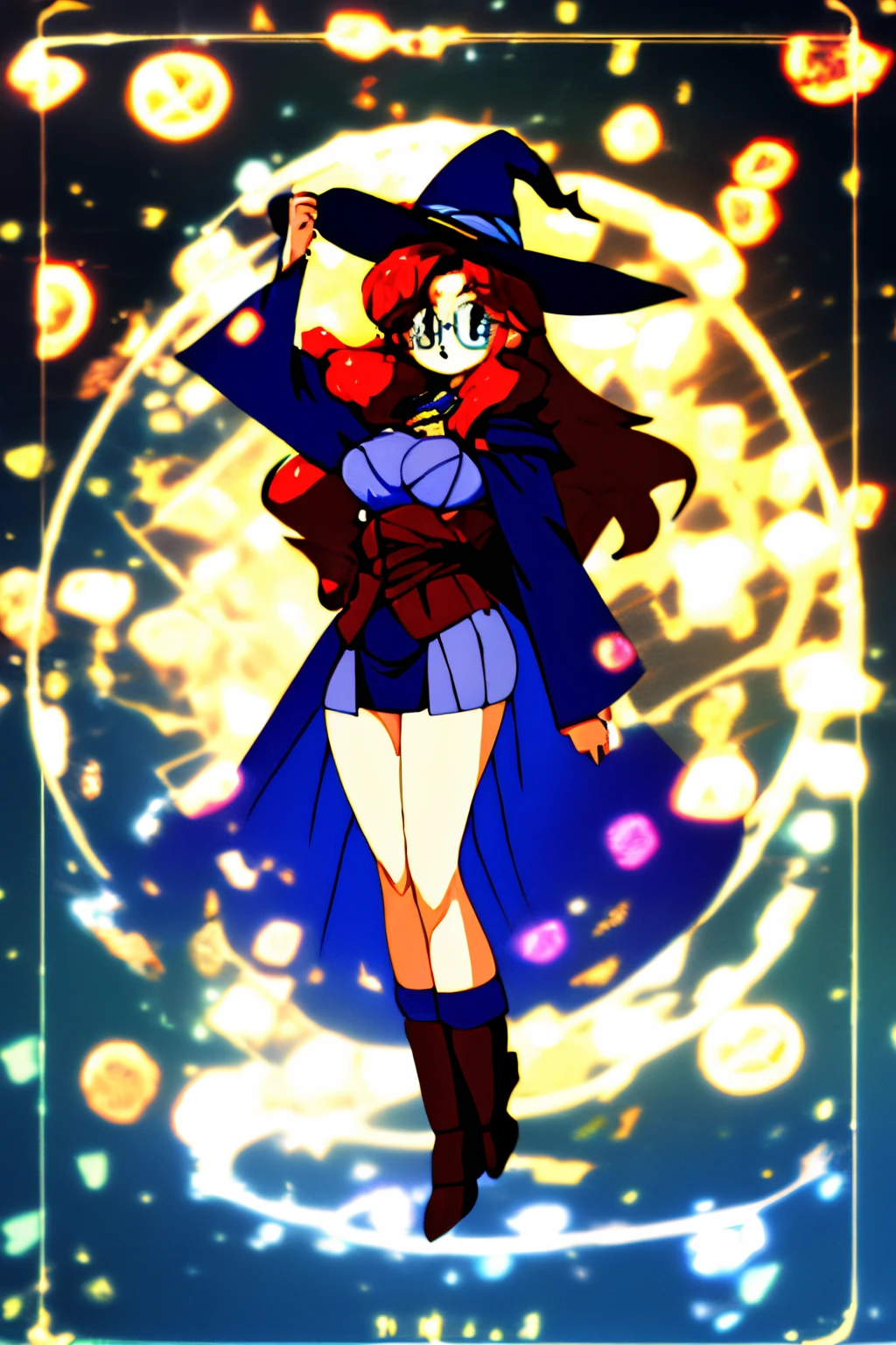 16k, HD, Professional, Highly Detailed, ((Masterpiece: 0.3)), (((High Quality))), Ultra-detailed face, Highly Detailed Lips, Detailed Eyes, full body, full body, 1 girl, long red hair, blue eyes, glasses, c cup breasts, hour glass figure, book on hip, blue wizard robes, long socks, witch hat
