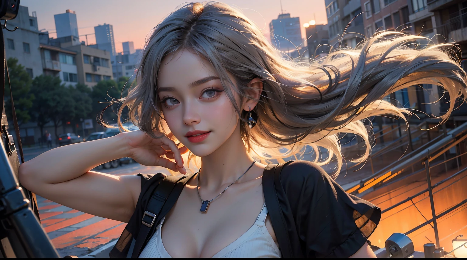 1girl, fisheye, selfie, wind, messy hair, sunset, cityscape, (aesthetics and atmosphere:1.2), gray hair,smiling, FilmGirl, short top shirt, wide chest open, big breast, nipple breast on cloths, 8k realistic photo, 8k raw photo, HDR, masterpiece,