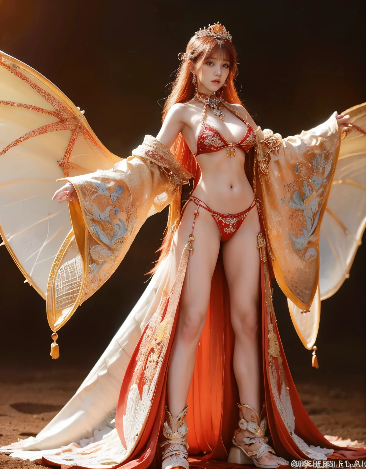 (heavy breasts)、top-quality、masterpiece、超A high resolution、(metal white dragon armor)、(((Colossal tits))),dragon armor、(((Detailed Micro Bikini))),(Wear a beautiful crown made of intricate gemstones),(Photorealsitic:1.4)、Raw photo、1人、(((Random hair))、(((Take different poses)))、glowy skin、(((Chinese Dragon)))、Intricate and ornate hair ornaments、(Gorgeous Jewelry Necklaces)、(Mystical expression)、(Full Body Angle)、((Light red hair)),(Fight big dragons)、(metal metal bikini)、(((Sahara desert background)))、Precipitous cliffs)、((super realistic details))、portlate、globalillumination、(sexypose)、Shadow、octan render、8K、ultrasharp、Colossal tits、Raw skin is exposed in cleavage、metals、Details of complex ornaments、Japan details、highly intricate detail、Realistic light、CGSoation Trends、Blue eyes、radiant eyes、Facing the camera、Toostock、(Full Body Angle)、(veils)、(((desert background)))、highcontrast、