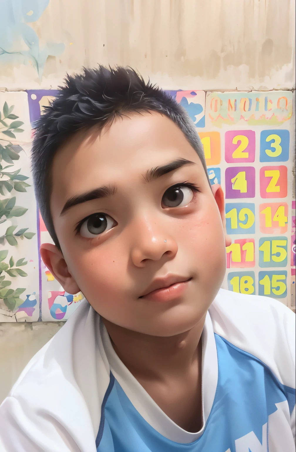 there is a young boy that is sitting in front of a wall, boy with neutral face, reyyan, ayan nag, handsome face, boy has short black hair, boyish face, john jude palencar, kid, ismail, perfect face and boy, young boy, face showing, close up potrait, detailed face of a asian boy