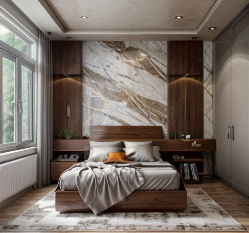 RAW photo,Masterpiece, high quality, best quality, authentic, super detail, interior, archminimalist, couch, table, rug, tv sheft, windows, curtains, daylight, archdaily architecture, (high detailed :1.2), 8k uhd, dslr, soft lighting, high quality, film grain, Fujifilm XT3, modern bedroom design, flat plaster ceiling, mable stone floor, orange leather bed, 1 drawer, 1 dressing table, wall behind the bed decorated with stone tiles combined with walnut wood paneling and metal thread yellow, white and gray double-layer curtains