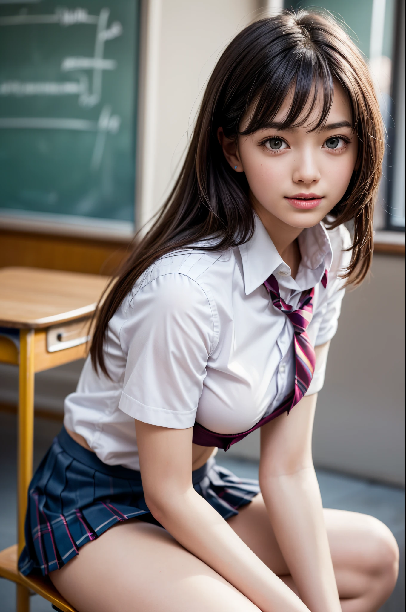 (best quality,4k,8k,highres,masterpiece:1.2),ultra-detailed,(realistic,photorealistic,photo-realistic:1.4), profesional photograph by dunitskiy david, natural light, portraits, a beautiful young japanese girl, , wearing ((short sleeve seifuku:1.4l), very low neckline, exposed cleavage), sadness look, soft glow, elegant beauty, detailed blue grey eyes, sexy pose, delicate skin texture, flowing messy hair, innocent expression, skinny posture, collarbone, naturally sagging breast, hugeboobs, knees up, squat pose, spread legs, (classroom with low light:1.4), subtle shadows, dark and scary background, shallow depth of field, high contrast, dark and foggy atmosphere, fine art photography, low angle, (seen from below:1.0), photon mapping, 