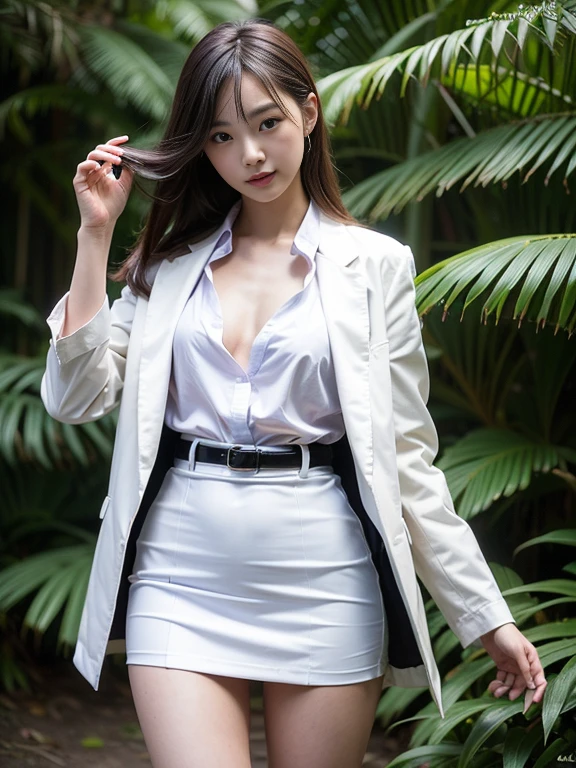 ((top-quality、in 8K、​masterpiece:1.3、Raw photo))、Super high quality photos, In the tropical jungle, ((I am wearing a business suit jacket and skirt.)), ((Wear a white blouse shirt under the jacket)), ((Perfect beauty 20 year old idol Japan woman)), ((a smile)), ((nipples sticking out under the shirt,)), ((slim figure)), ((Slim legs)), ((slim thigh)), ((Perfect beauty 20 year old idol Japan woman)), (Photorealistic: 1.4), (Ultra-high detail), (hyper realisitic: 1.4), (Realistic: 1.3), (Smooth lighting: 1.05), Full body, 1girl in, Solo, (Japanese actressl),　20yr old, cinematlic lighting, ((slim figure)), ((Leaner figure)), Good anatomy, Correct anatomy, In the tropical jungle, ((Perfect beauty 20 year old idol Japan woman)), ((slim figure)), ((Slim legs)), ((slim thigh)), ,((Perfect beauty)), ((He has a small camping bag in one hand.)),