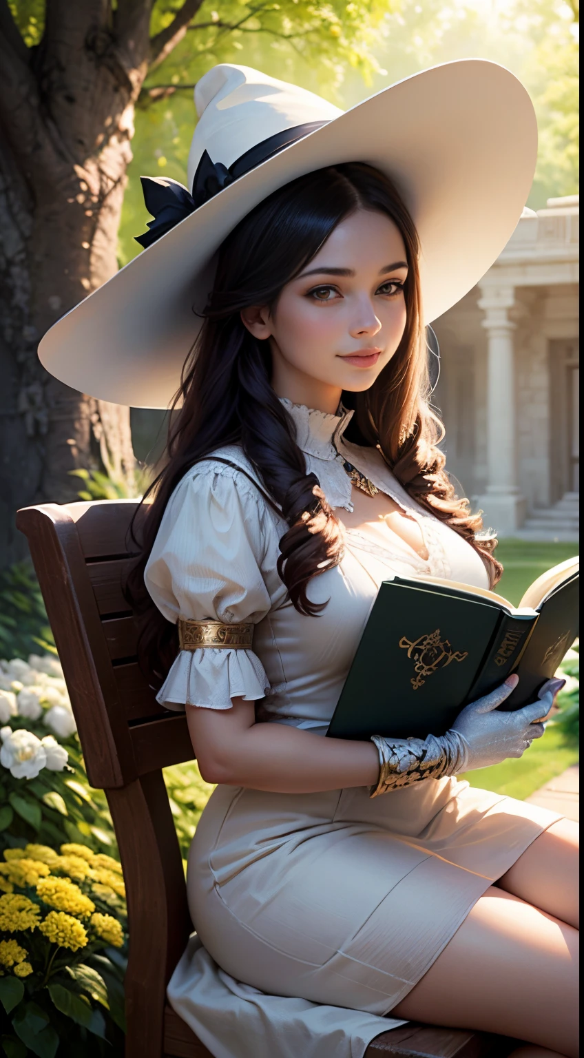 Beautiful young girl 25 years old sits on a large stump, The girl smiles sweetly, His face is illuminated by the bright rays of the sun, The girl is dressed in a white dress, wide-brimmed witch's hat on the head, The perfect female face of the goddess, Деталь 8k, photo realistic style, sharp-focus, Professional lighting, colorful details, The painting is built according to the rule of the golden ratio, Around the garden of white roses, full-arm-gloves, Girl reading a huge ancient book