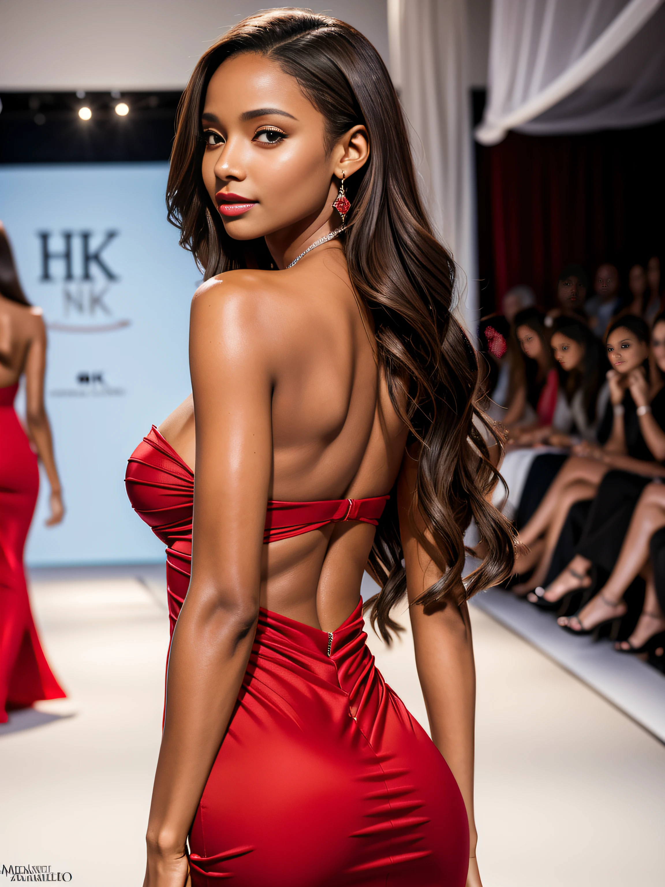 (Masterpiece), (Realistic), (best quality), (8K), ultra-detailed, UHD, RAW, (1 Woman), beautiful young woman, young Danielle Nicolet:0.4, young Lais Ribeiro:0.2, young Maya Jama:0.4, big beautiful brown eyes, beautiful detailed realistic brown almond eyes, beautiful brown hair, small nose, Greek nose, perfect straight nose, most beautiful straight nose, outstanding beautiful woman, transparent red lipstick, wearing a red strapless split dress, at the catwalk, {back shot}