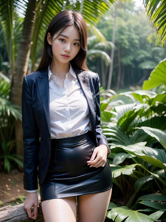 ((top-quality、in 8K、​masterpiece:1.3、Raw photo))、Super high quality photos, In the tropical jungle, ((Wearing business suit jacket and skirt)), ((Wear a white blouse shirt under the jacket)), ((Perfect beauty 20 year old idol Japan woman)), ((a smile)), ((nipples sticking out under the shirt,)), ((slim figure)), ((Slim legs)), ((slim thigh)), ((Perfect beauty 20 year old idol Japan woman)), (Photorealistic: 1.4), (Ultra-high detail), (hyper realisitic: 1.4), (Realistic: 1.3), (Smooth lighting: 1.05), Full body, 1girl in, Solo, (Japanese actressl),　20yr old, cinematlic lighting, ((slim figure)), ((Leaner figure)), Good anatomy, Correct anatomy, In the tropical jungle, ((Perfect beauty 20 year old idol Japan woman)), ((slim figure)), ((Slim legs)), ((slim thigh)), ,((Perfect beauty)), ((He has a small camping bag in one hand.)),
