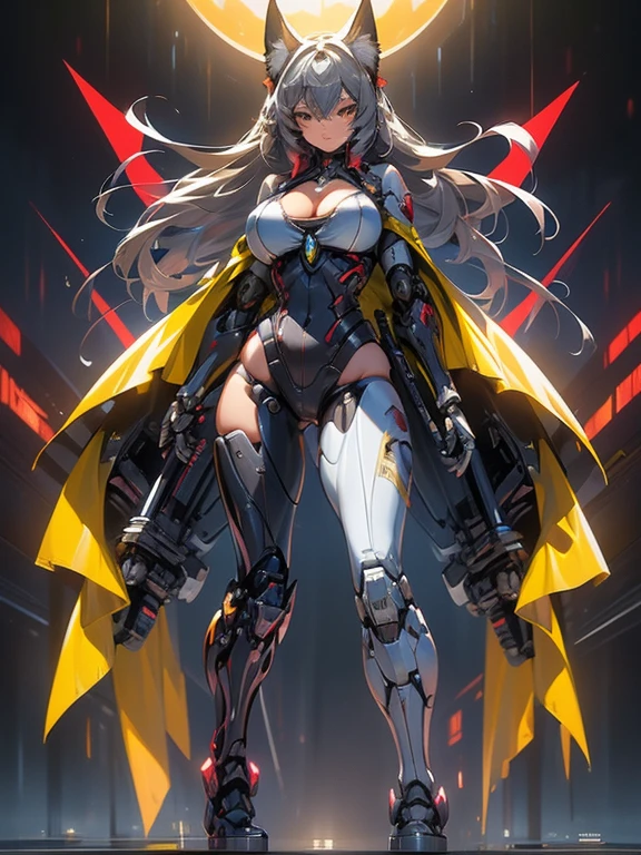 (masterpiece), (best quality:1.4), (perfect anatomy:1.4), high quality, expressive eyes, full body, tall girl, detailed face, beautiful face, perfect face, breasts, cleavage, gloves, huge breasts, cyberpunk, (black armor), long hair, ((tanned skin)), straight hair, detailed (ash gray hair), detailed eyes, (yellow eyes), fox ears, fox tail, hourglass physique, bodysuit, thick thighs, toned, emblem, superhero, dynamic lighting, 4k resolution, dynamic pose, cover, mecha musume, fortified suit, mechanical parts, headgear, robot joints, bodysuit, deva battle suit, glove