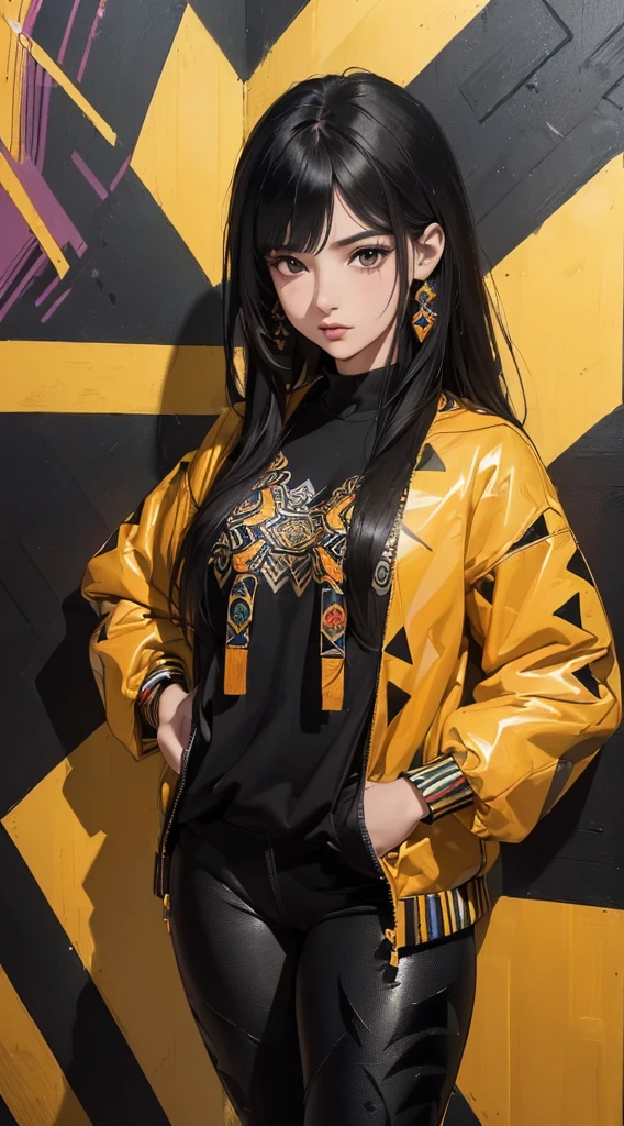 (((8k wallpaper of extremely detailed CG unit:1.2, masterpiece, hight resolution:1.2, top-quality:1.2, masutepiece))), ((a very beautiful woman, Hands in pockets:1.8, Grunge Fashion:1.2, wear a blouson:1.2, Wearing leggings, Wearing shoes)), ((extra detailed face, Highly detailed black eyes, Highly detailed hands, extra detailed body, Top quality real texture skins)), (A dark-haired, de pele branca), ((colorful geometric pattern wall, surrounded by colorful walls)), (high-angle:1.2, a closeup), hyper realisitic, digitial painting,