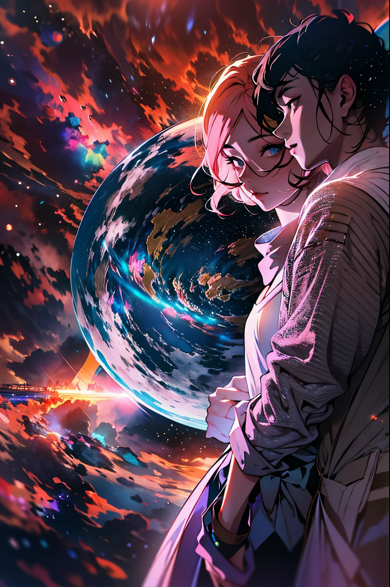double contact,Oliver Morris double exposure photography style,Couple silhouette,Close-up cleavage,sparkling planet,Colorful,vibrant with colors,a true,フォトリアリスティック,k hd,8K分辨率,tmasterpiece