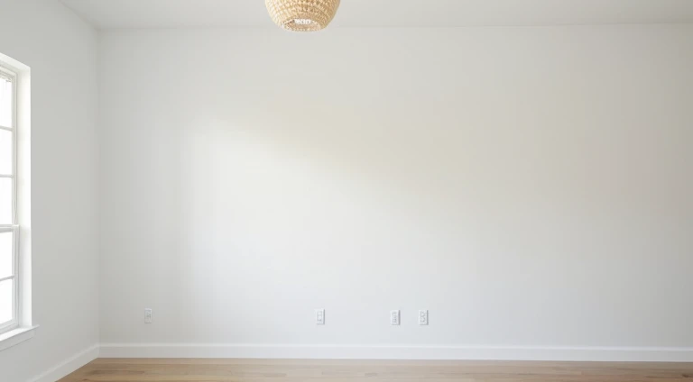 a white wall,Freshly painted white walls,The brush is placed by the wall,The sun shines in,paint roller