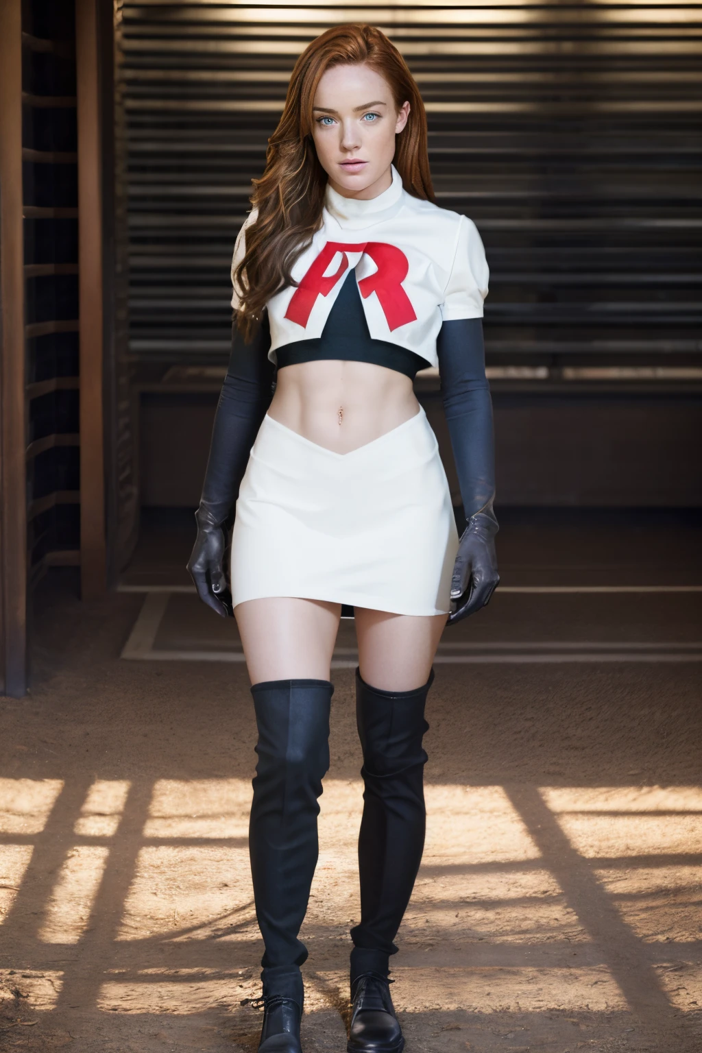 face of Caity Lotz, 1girl,team rocket,team rocket uniform, red letter R, white skirt,white crop top,black thigh-highs,black elbow gloves