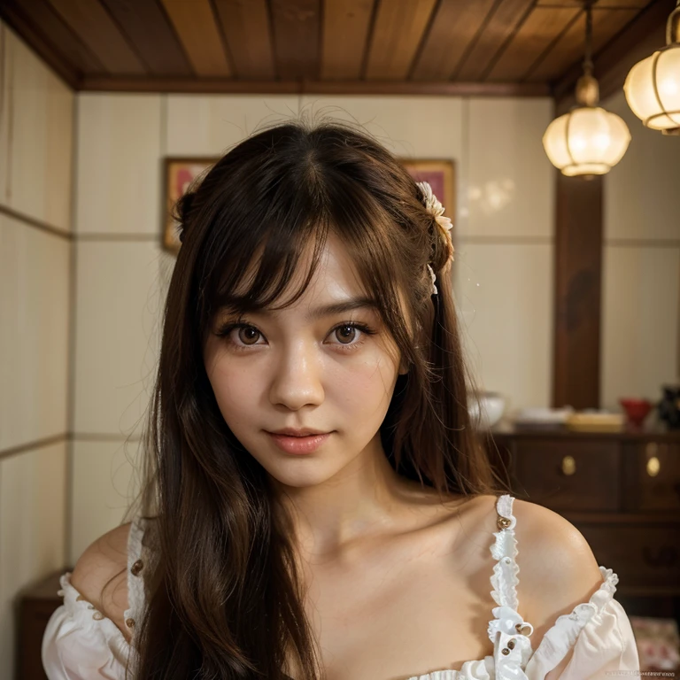 (best quality,highres),thai girl,woman with long hair, young, lolita style, vibrant colors, brown hair and black eyes, porcelain skin, expressive eyes, playful smile, alluring charm, vintage fashion, dreamy atmosphere, soft lighting, intricate details, DoggyStyle pose