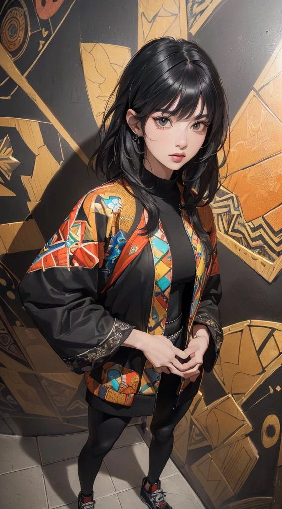 (((8k wallpaper of extremely detailed CG unit:1.2, masterpiece, hight resolution:1.2, top-quality:1.2, masutepiece))), ((a very beautiful woman, Hands in pockets:1.8, Grunge Fashion:1.2, wear a blouson:1.2, Wearing leggings, Wearing shoes)), ((extra detailed face, Highly detailed black eyes, Highly detailed hands, extra detailed body, Top quality real texture skins)), (A dark-haired, de pele branca), ((colorful geometric pattern wall, surrounded by colorful walls)), (high-angle:1.2, a closeup, Fisheye:1.3), hyper realisitic, digitial painting,