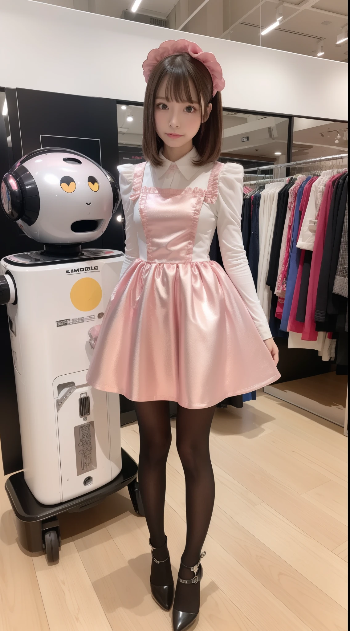 Robot Girl, pink there, Silver, Metallic body, Robot Parts, Metal Parts, Super Detailed Face, Super well-formed face, of the highest quality, a small face, a small head, Brown hair, Slender body, Camera gaze, Internal Mechanical Exposure, Idol, front facing, Well-proportioned body, sale, exhibition, Event Hall, Moe Pose, no sleeve pink metallic maid Dress Machine Armor, Standing with legs open, Model body type, sad, Embarrassing,(Perfect Robot Girl),(Perfect machine body)