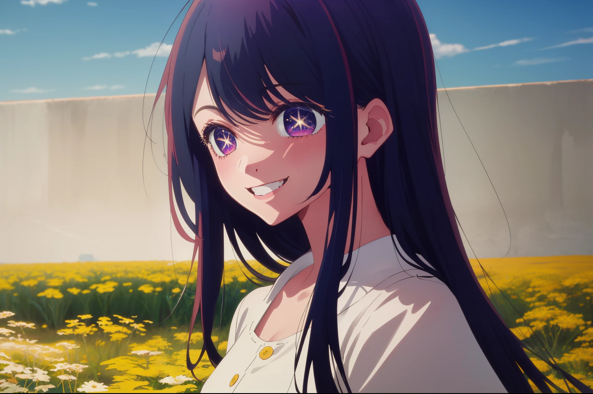 {1Girl}, {Solo}, {{{Masterpiece}}}, Illustration, {{{{{beautiful-detailed eyes}}}}}, {{Cinematic light}}, The ultra-detailliert, {{{{{ldisheveled hair}}}}},{Extremely detailed CG unity 8k wallpaper}, {{{Background only}}}, {{Masterpiece}}, {{{Best Quality}}}, {{Ultra-detailed}}, {Best Illustration}, {best shadows}, {{an extremely delicate and beautiful}}, {{{Dynamic Angle}}}, {{{Glow white particles}}}, {{Cinematic light}}, {Hoshino Ai}, {purple color hair}, Smiling faces, marigold, marigold background, Smile, Endless chrysanthemum fields., Hoshino Ai smiling in the middle of a chrysanthemum field, Hoshino Ai is standing straight and looking straight ahead.