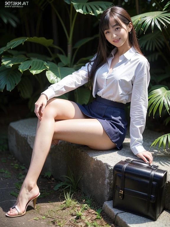 ((top-quality、in 8K、​masterpiece:1.3、Raw photo))、Super high quality photos, In the tropical jungle, ((Wearing business suit jacket and skirt)), ((Wear a white blouse shirt under the jacket)), ((Perfect beauty 20 year old idol Japan woman)), ((a smile)), ((nipples sticking out under the shirt,)), ((slim figure)), ((Slim legs)), ((slim thigh)), ((Perfect beauty 20 year old idol Japan woman)), (Photorealistic: 1.4), (Ultra-high detail), (hyper realisitic: 1.4), (Realistic: 1.3), (Smooth lighting: 1.05), Full body, 1girl in, Solo, (Japanese actressl),　20yr old, cinematlic lighting, ((slim figure)), ((Leaner figure)), Good anatomy, Correct anatomy, In the tropical jungle, ((Perfect beauty 20 year old idol Japan woman)), ((slim figure)), ((Slim legs)), ((slim thigh)), ,((Perfect beauty)), ((He has a small camping bag in one hand.)), ((Panties are visible through the skirt)), ((a smile)),