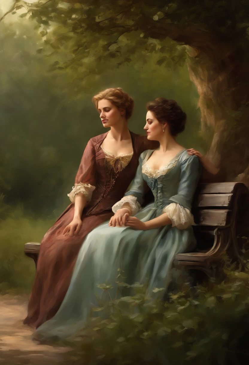 there are two women sitting on a bench talking to each other, romantic era painting, magali villeneuve and monet, fantasy victorian art, by Cynthia Sheppard, lesbian art, art of edouard bisson, romantic painting, romance novel cover, magali villeneuve', elegant digital painting, romanticism painting, by Mark Arian, romanticism art style, inspired by Cynthia Sheppard