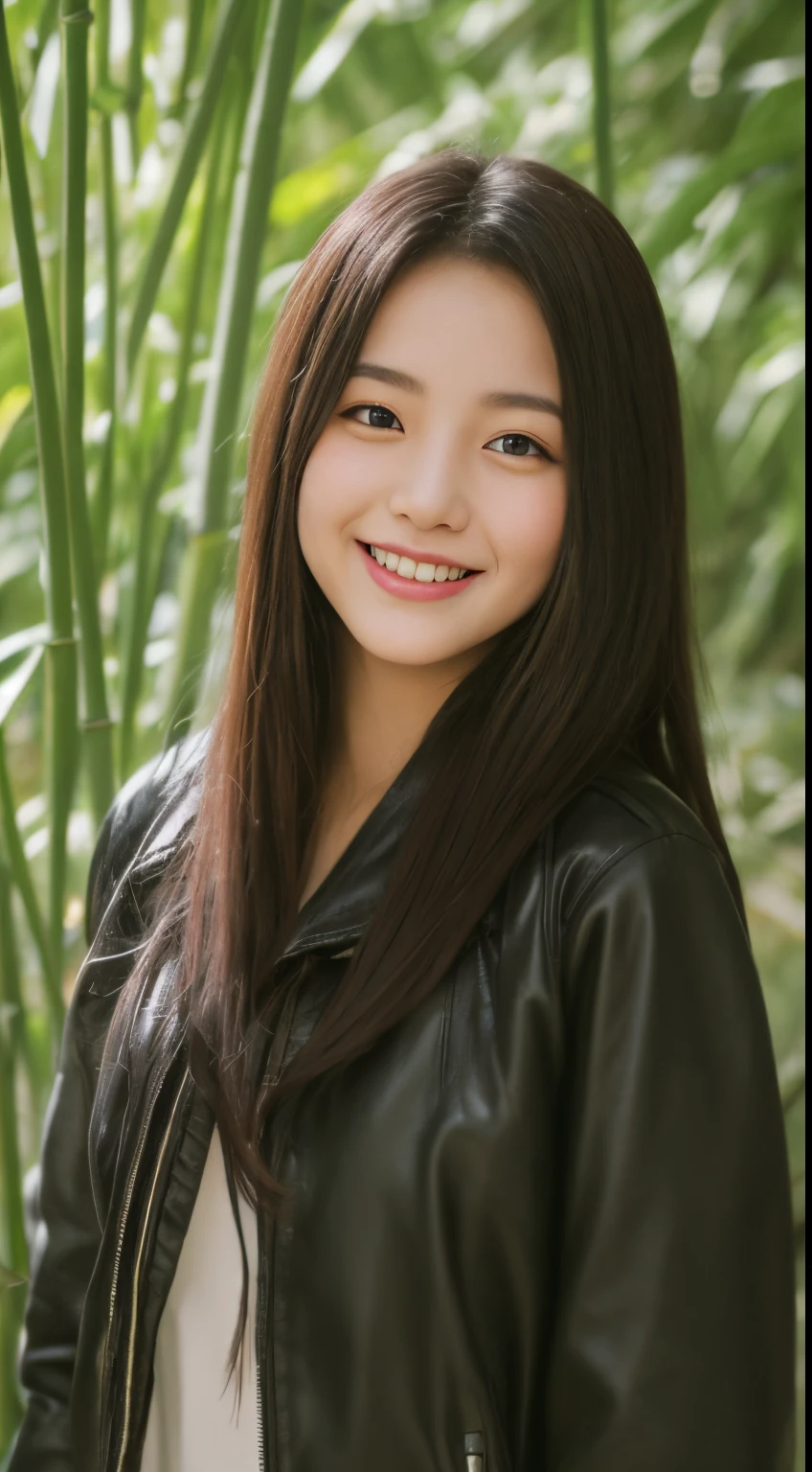 On a quiet spring afternoon,8K masterpiece of the highest quality.There is a 19 year old girl。She wore a tight black leather jacket,Sitting on a large moss-covered stone in the bamboo forest by the river。The sun shines on her face through the bamboo leaves,forming a soft light and shadow。Her skin looks fairer in the sun,Contrast with black leather jacket。
That girl'Eyes bright and focused,smiling and looking into the camera,It seems to be telling a beautiful story。Her smile is like the spring breeze blowing through the bamboo forest,Make people feel the vitality of youth and vitality of life。in this picture,We seem to feel her inner joy and love for life。
Surrounded by dense bamboo forest,Abundant greenery,The river is gurgling,Take a nice photo with a girl。This scene is like a beautiful poem,Telling about the beautiful time in spring afternoon。