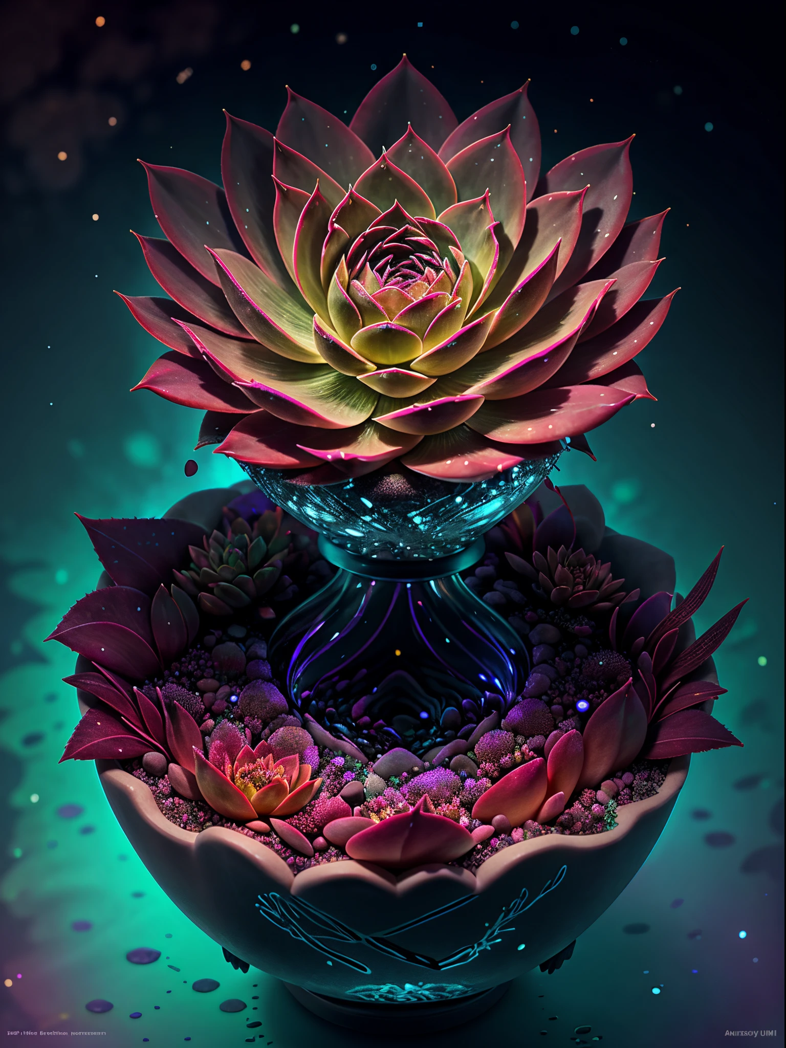 There&#39;s a succulent that glows in the dark，glowing succulents，Glowing succulent flowers，Crystal chalice placed on succulents，Amazing colorful succulent flowers，Surreal pregnant flower，glowing neon succulents，Glowing delicate succulent flowers, ，Ghibli-like colours, Pixar, UHD, masterpiece, ccurate, anatomically correct, textured skin, super detail, high details, high quality, award winning, 16k, best quality