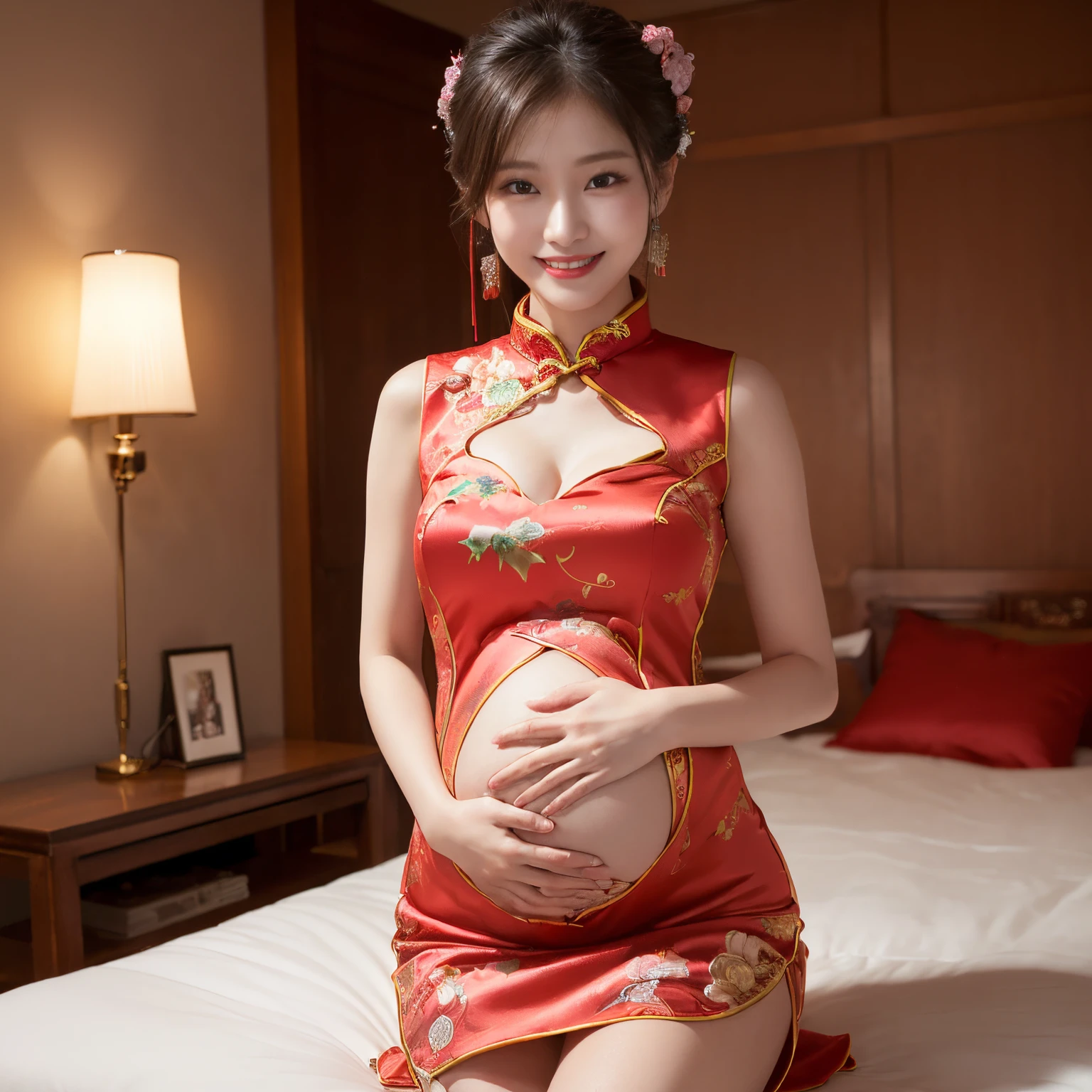 ((top-quality、masutepiece、8K、Top image quality、Hyper-Realism、SFW))、((女性1人、the most luxurious cheongsam、Bright cheongsam、Chinese dress with intricate decoration、Pregnancy、Belly swollen in Japanese skirt))、women look at me、A slight smil、perfect anatomia、Red Lipstick、large full breasts、Slimed、Sexy smile、Bewitching、Functional、((Background: Chinese prostitutes&#39;House of.、&#39;Bedroom、sex shop bedroom、natta、Midnight、Bedroom at night、1 warm night light、romantic lighting effects、luxurious and intricate bedroom、Gorgeous interior))