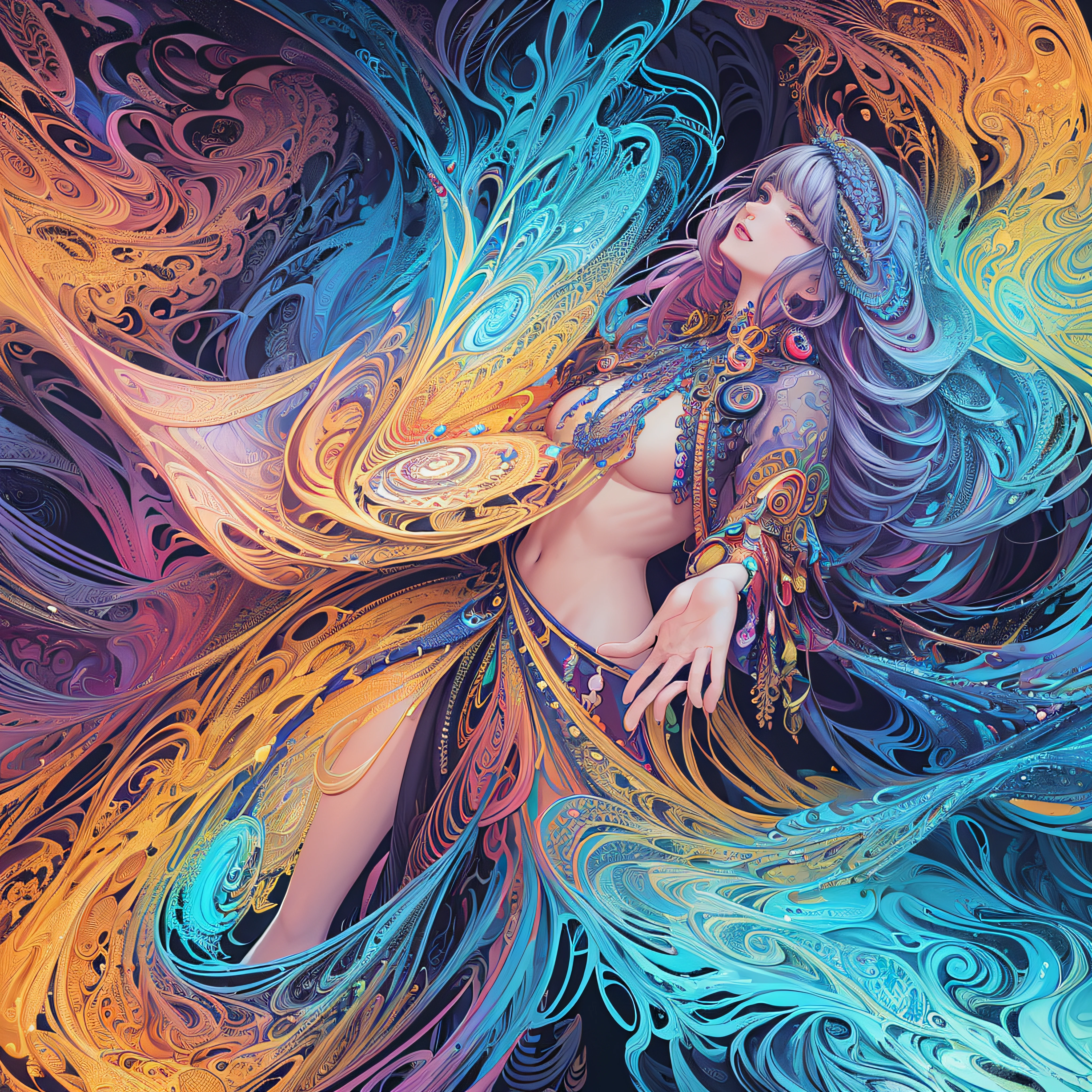 (masterpiece, top quality, best quality, official art, beautiful and aesthetic:1.2), (1girl:1.3), extremely detailed,(fractal art:1.2),colorful,highest detailed,(zentangle:1.2), (dynamic pose), (abstract background:1.5), (treditional dress:1.2), (shiny skin), (many colors:1.4), upper body
