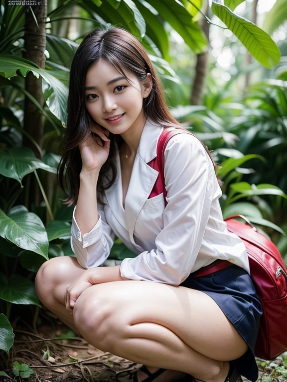 ((top-quality、in 8K、masterpiece:1.3、Raw photo))、Super high quality photos, In the tropical jungle, ((Wearing business suit jacket and skirt)), ((Wear a white blouse shirt under the jacket)), ((Perfect beauty 20 year old idol Japan woman)), ((a smile)), ((nipples sticking out under the shirt,)), ((slim figure)), ((Slim legs)), ((slim thigh)), ((Perfect beauty 20 year old idol Japan woman)), (Photorealistic: 1.4), (Ultra-high detail), (hyper realisitic: 1.4), (Realistic: 1.3), (Smooth lighting: 1.05), Full body, 1girl in, Solo, (Japanese actressl), 20yr old, cinematlic lighting, ((slim figure)), ((Leaner figure)), Good anatomy, Correct anatomy, In the tropical jungle, ((Perfect beauty 20 year old idol Japan woman)), ((slim figure)), ((Slim legs)), ((slim thigh)), ,((Perfect beauty)), ((He has a small camping bag in one hand.)), ((squatting)), ((Panties are visible through the skirt)), ((a smile)),