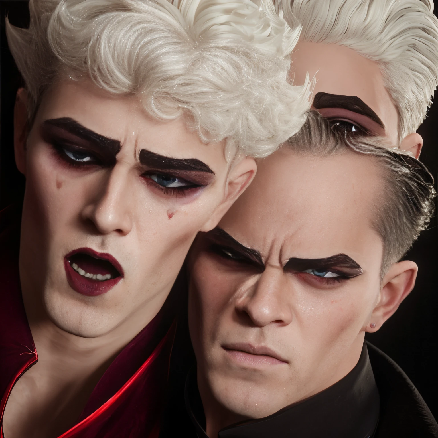 Twink gay man. Pretty. Curly white hair. Red eyes. Dark. Moody. Vampire. Goth. Cute. Deepthroat. Blowjob. Crying.