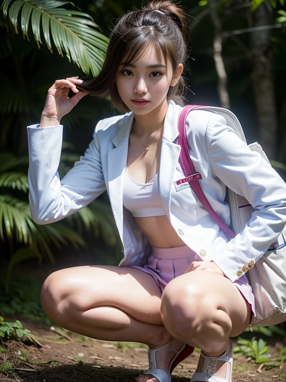 ((top-quality、in 8K、masterpiece:1.3、Raw photo))、Super high quality photos, In the tropical jungle, ((Wearing business suit jacket and skirt)), ((Wear a white blouse shirt under the jacket)), ((Perfect beauty 20 year old idol Japan woman)), ((a smile)), ((nipples sticking out under the shirt,)), ((slim figure)), ((Slim legs)), ((slim thigh)), ((Perfect beauty 20 year old idol Japan woman)), (Photorealistic: 1.4), (Ultra-high detail), (hyper realisitic: 1.4), (Realistic: 1.3), (Smooth lighting: 1.05), Full body, 1girl in, Solo, (Japanese actressl), 20yr old, cinematlic lighting, ((slim figure)), ((Leaner figure)), Good anatomy, Correct anatomy, In the tropical jungle, ((Perfect beauty 20 year old idol Japan woman)), ((slim figure)), ((Slim legs)), ((slim thigh)), ,((Perfect beauty)), ((He has a small camping bag in one hand.)), ((Panties are slightly visible)),