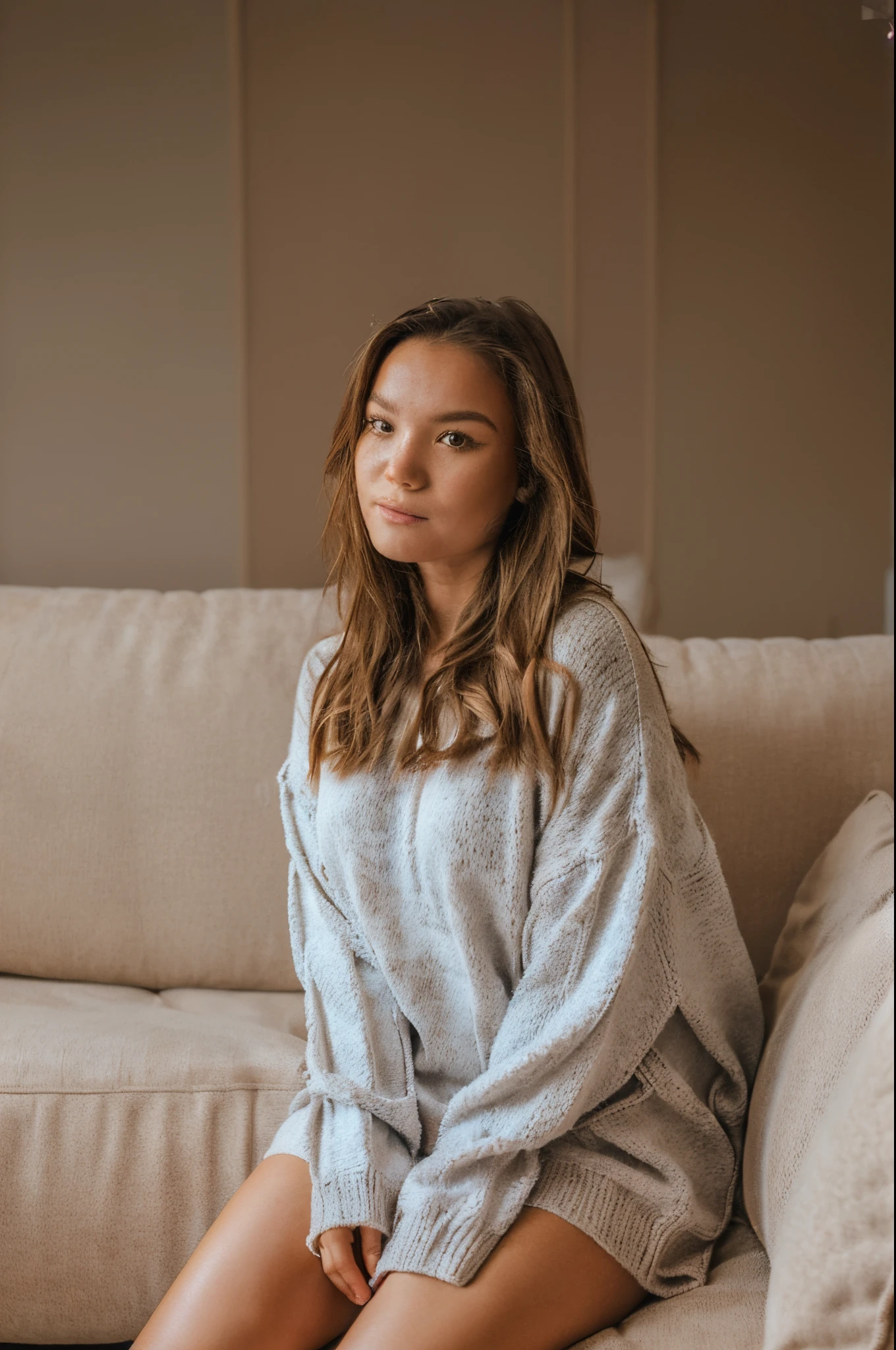 (a girl wearing a pullover, sitting on a couch, with a cat sitting on her knees), (photorealistic), cozy atmosphere, soft lighting, warm color tone, detailed texture on the pullover, realistic fur on the cat, serene facial expression