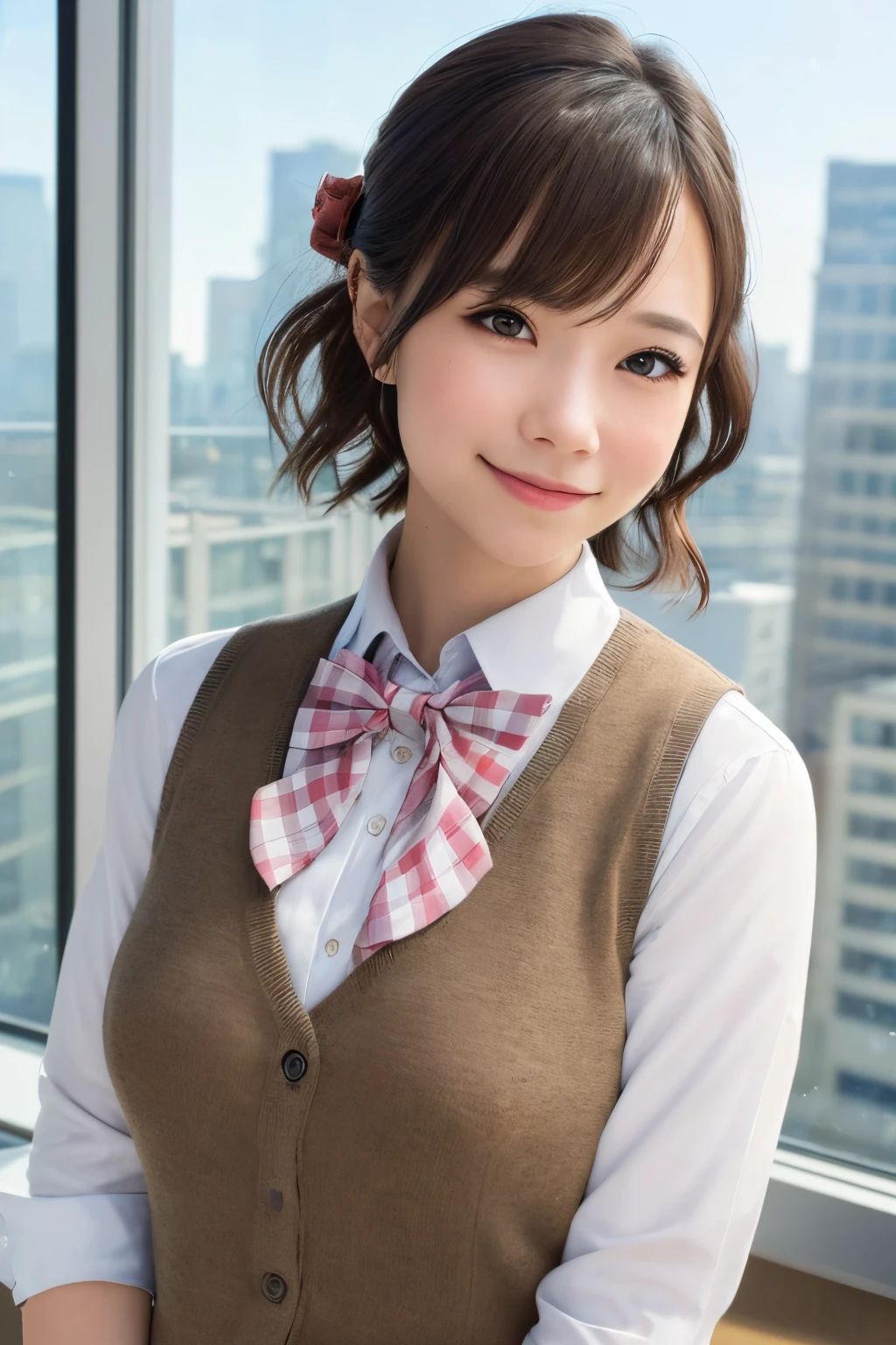1girl, matured female, vest, bow, photo, realistic, best quality, hires, detailed face, office, buildings from window, detailed background, diffused sunlight, depth of field, bokeh