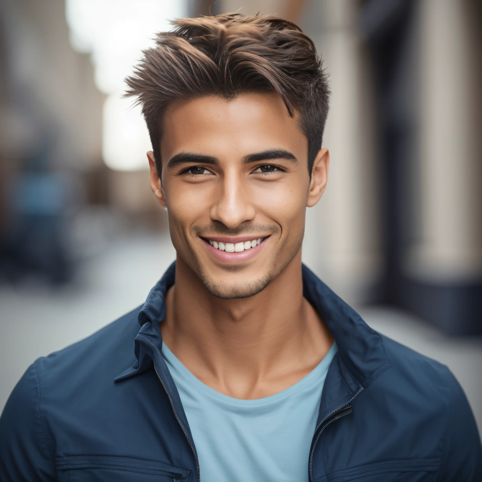 arafed man with a blue shirt and a black jacket smiling, young man with beautiful face, handsome attractive face, smiling male, attractive male, attractive man, attractive young man, beautiful young man, portrait of beautiful young man, perfect handsome face, handsome young man, lean man with light tan skin, beautiful male face, handsome male, smiling man, cute young man