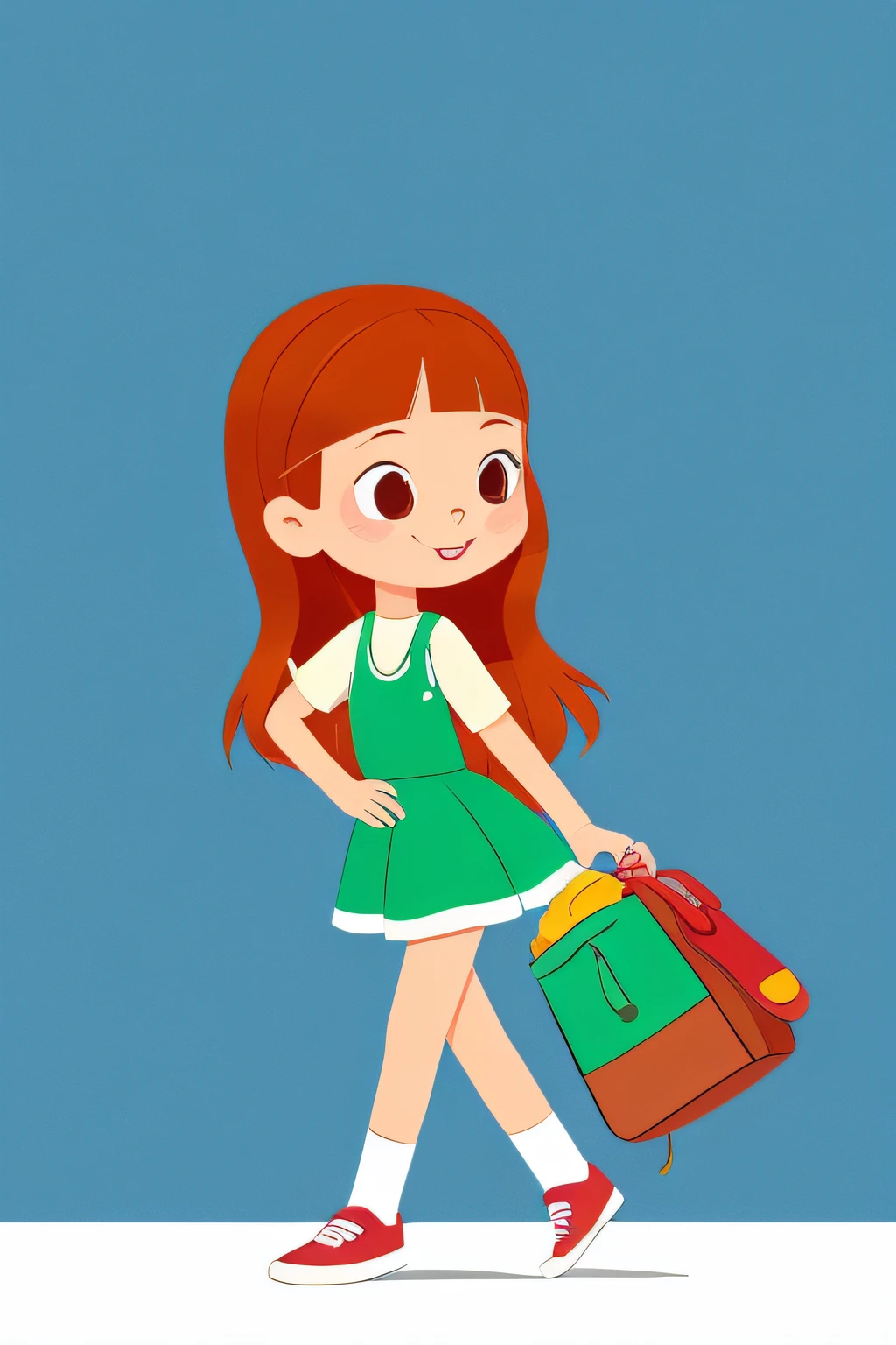 1 girl, cartoon girl, cartoon style, solo, long hair, green dress, walking, holding bag, full body, big head, colorful, flat color, white background, simple background