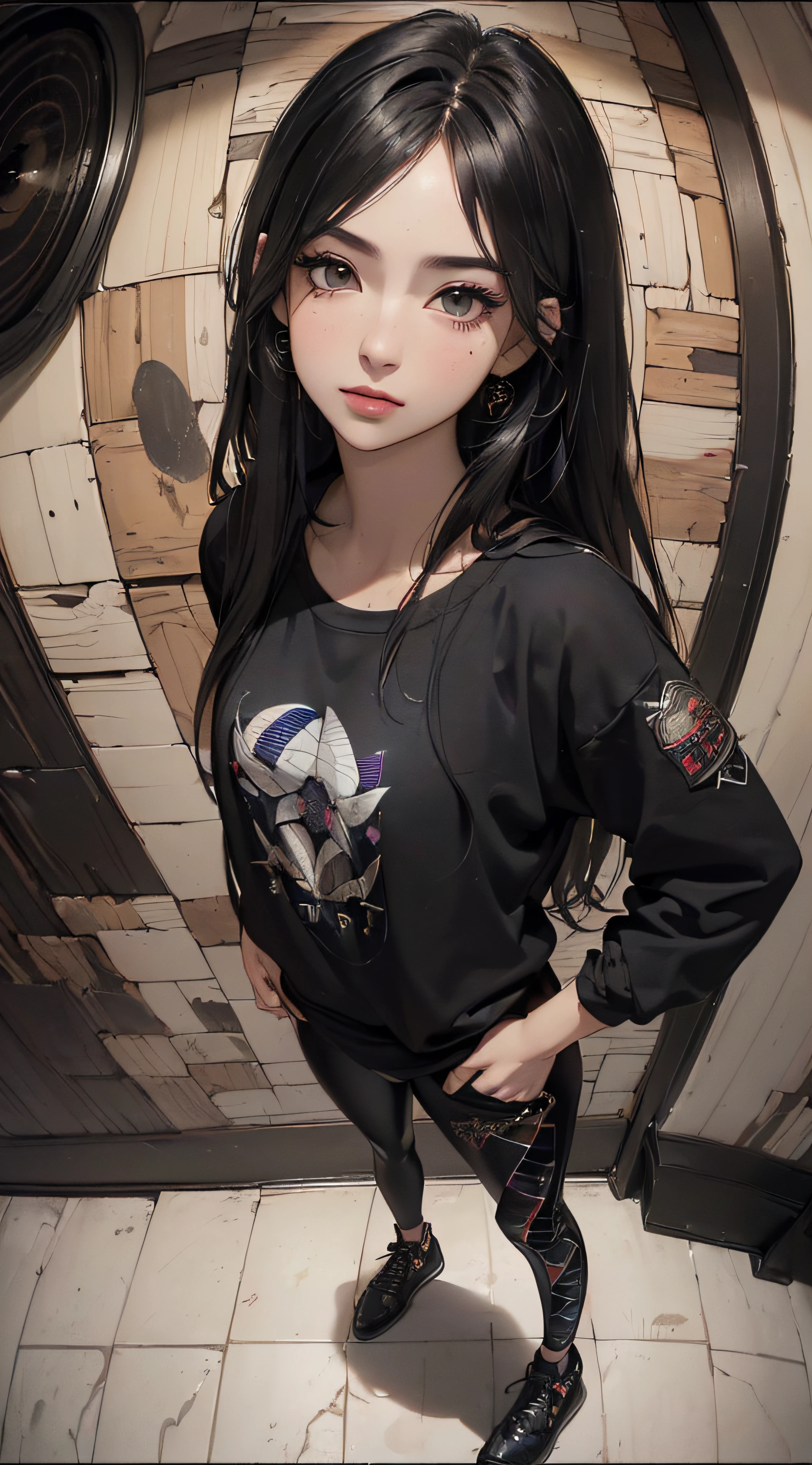 (((8k wallpaper of extremely detailed CG unit:1.2, masterpiece, hight resolution:1.2, top-quality:1.2, masutepiece))), ((a very beautiful woman, Hands in pockets:1.8, Grunge Fashion:1.2, Wearing a blouson:1.2, Wearing leggings, Wearing shoes)), ((extra detailed face, Highly detailed black eyes, extra detailed body, Top quality real texture skins)), (A dark-haired, length hair, de pele branca, Small:1.2), ((A wall with colorful geometric patterns)), (high-angle:1.2, Fisheye:1.3), hyper realisitic, digitial painting,