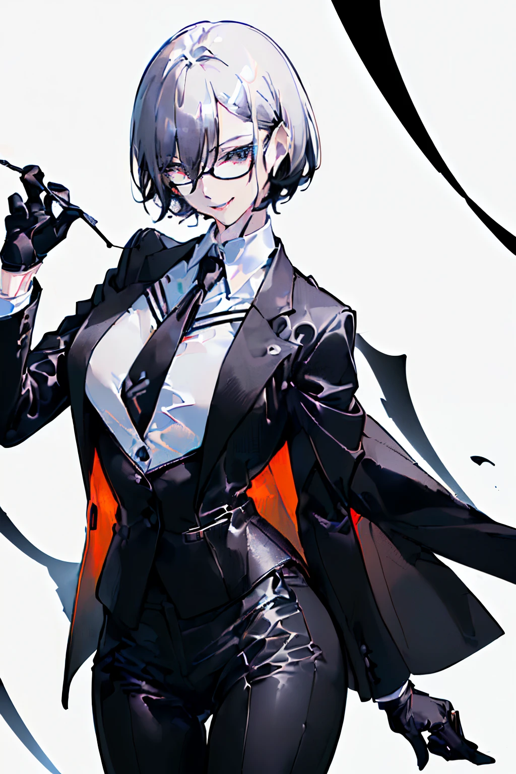 (top-quality、​masterpiece:1.2) ((1womanl)) ((Black short hair、Hair hanging over the ears)) ((White office background)) eye glasses、((Black business suit、Black tailored jacket、white  shirt、Black pantsuit、Black leather gloves)) (Stand with your weight on one leg) (Vicious look、Vulgar smile)