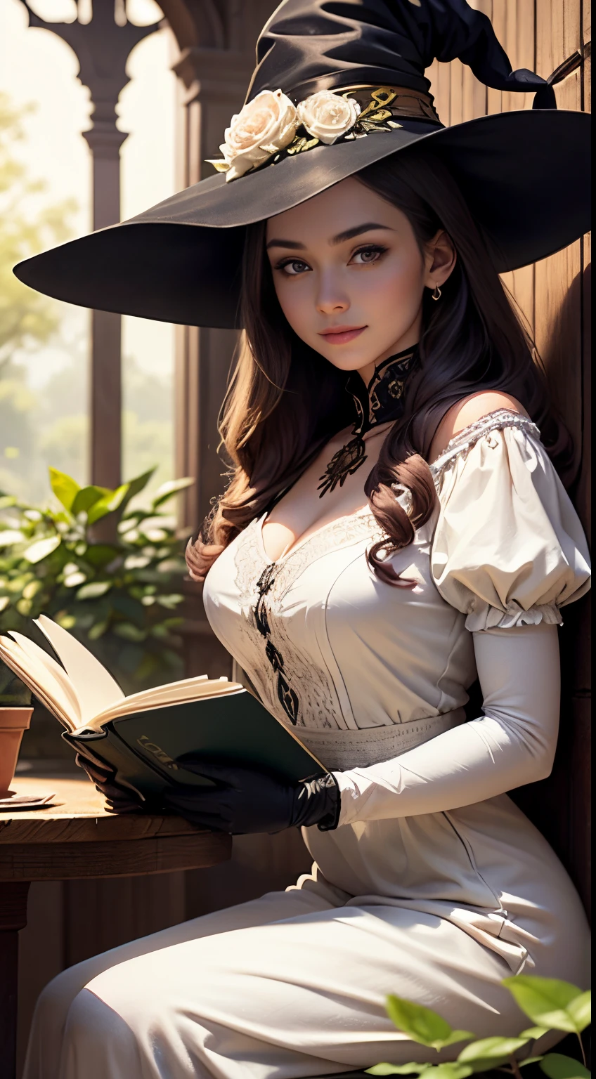 Beautiful young girl 25 years old, girl sitting on a fallen tree, The girl smiles sweetly, His face is illuminated by the bright rays of the sun, The girl is dressed in a white dress, witch's hat on the head, The perfect female face of the goddess, Деталь 8k, photo realistic style, sharp-focus, Professional lighting, colorful details, The painting is built according to the rule of the golden ratio, Around the garden of white roses, full-arm-gloves, Girl reading a huge ancient book