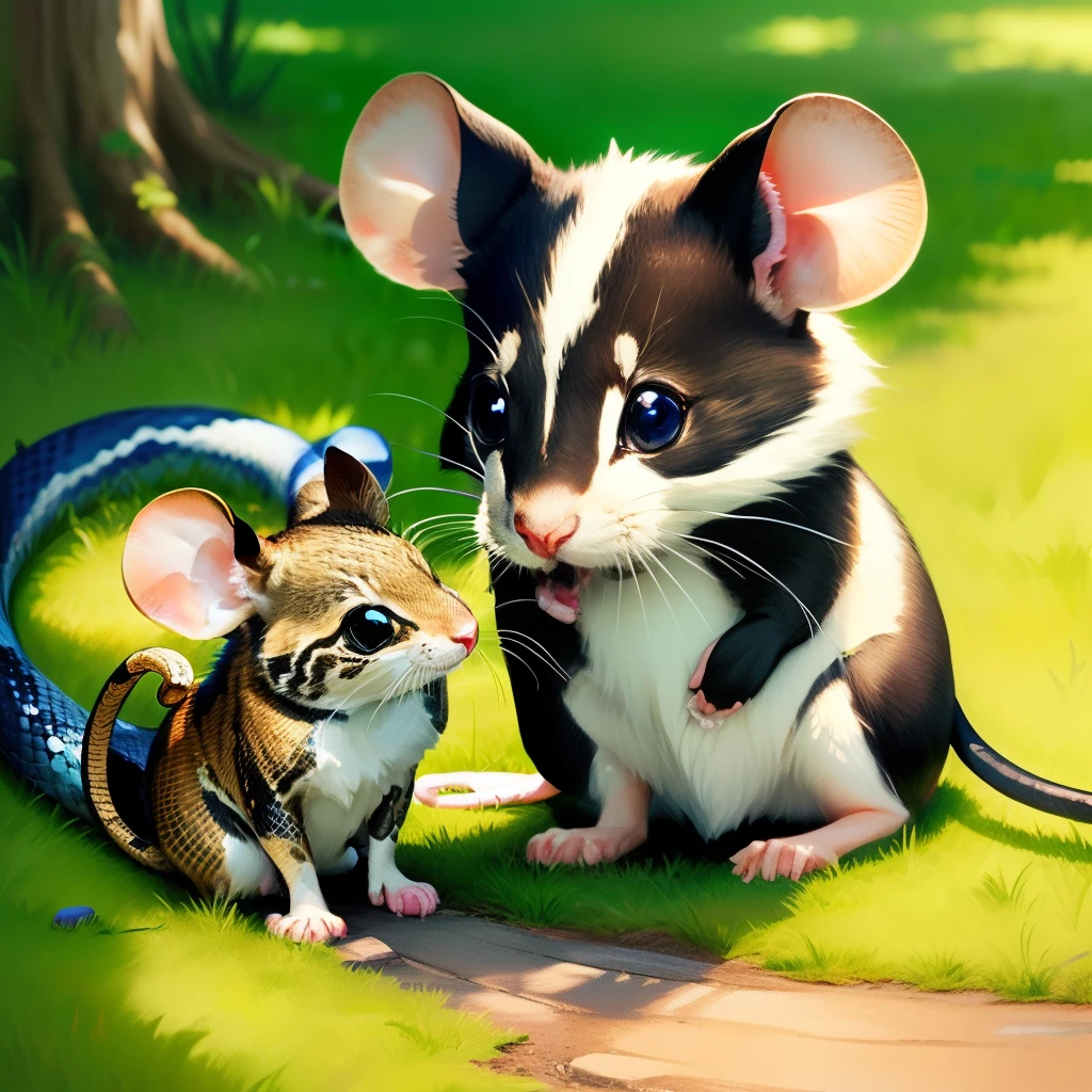 mouse playing with snake、Cute characters