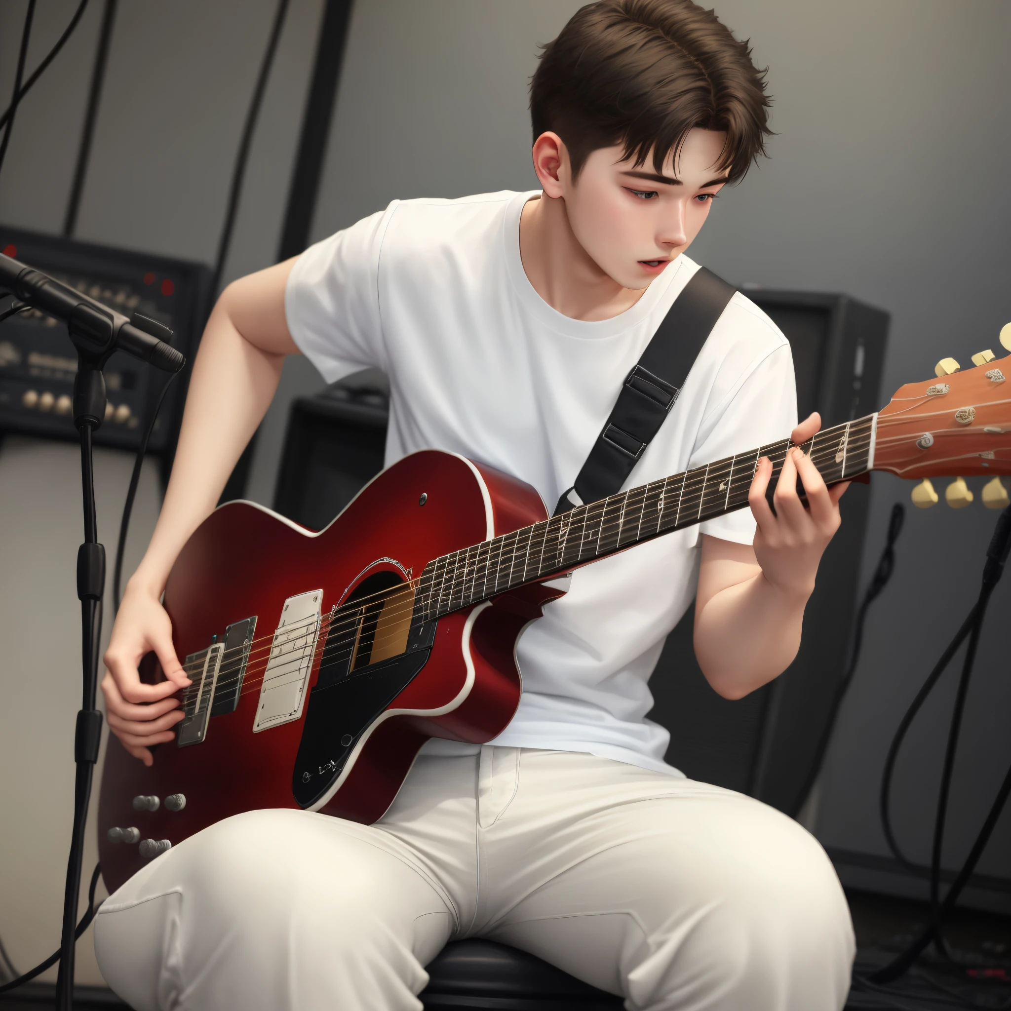 A man 20 years old in appearance white shirt black pants playing guitar