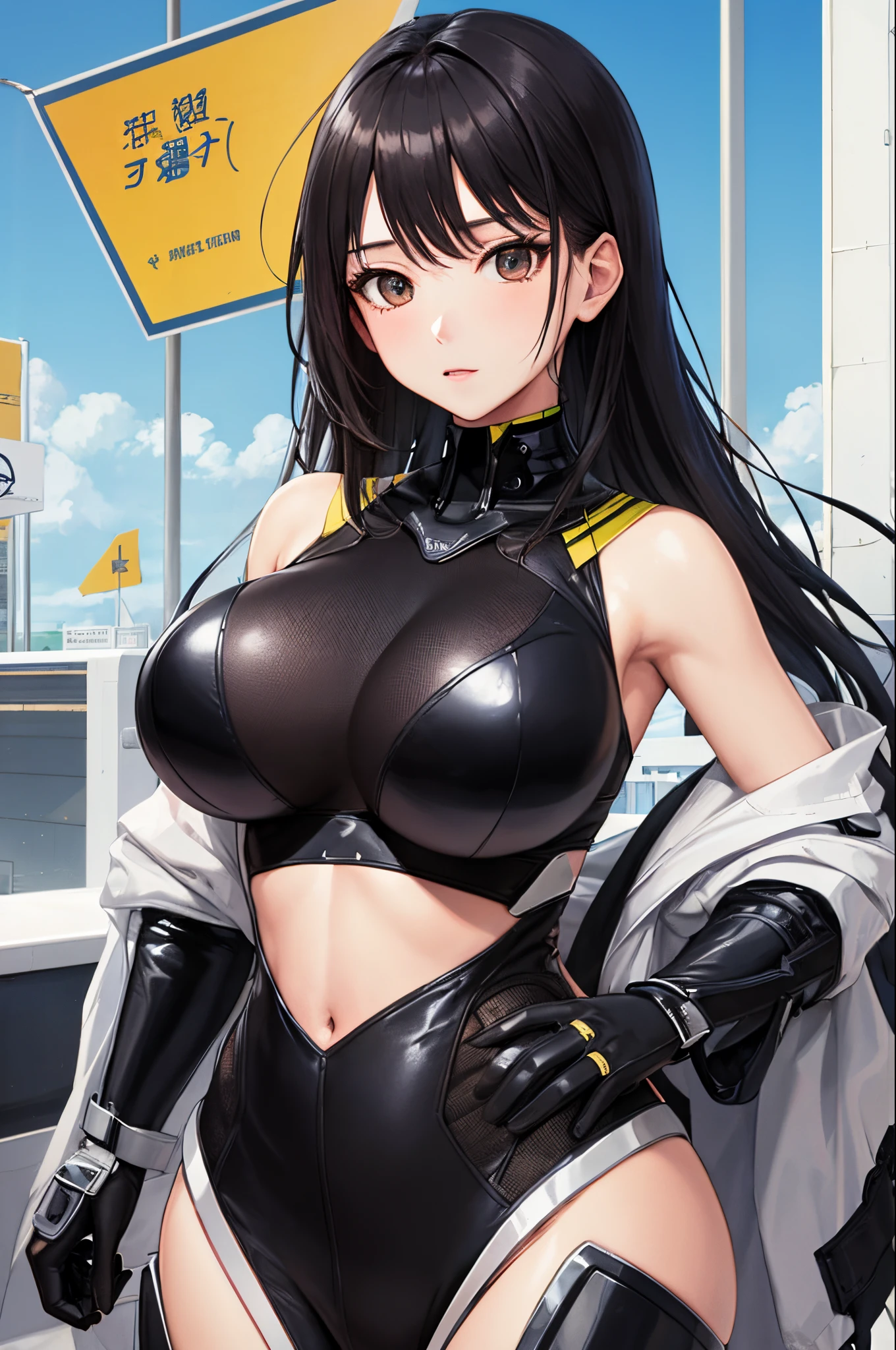 ​masterpiece、Top image quality、Black hair、Black bra、Colossal tits、mechs、animesque、8K,​masterpiece, bset quality,Colossal tits、（1girl in）、((Pit Girl Suit))、shinny skin、Shiny big、dark-brown eyes、 ((top-quality))、 Crisp focus:1.2、Highly detailed facial and skin texture、A detailed eye、face perfect、perfect bodies、art by、nffsw、Blur the background、japanes、Big breasts with a strong presence、Circuit field、Blur the background、Cowboy Shot、