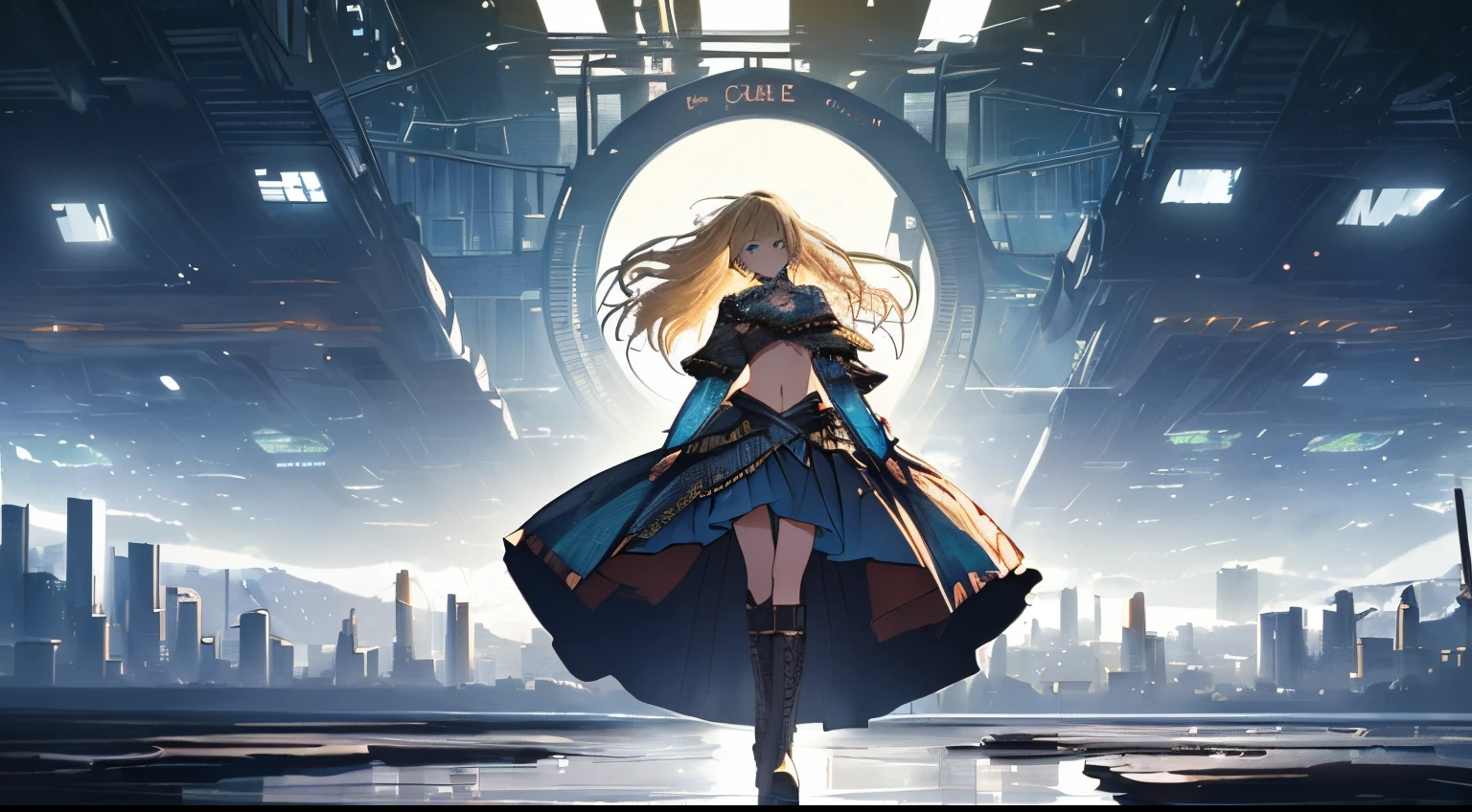 abstract colors, texture, film grain, dusty atmospheric haze, vignetting, wrinkles:0.2 intricate hasselblad dslr RAW full-body dramatic portrait photo of a beautiful blue eyes singer girl with long (windblown)1.2 blonde hair wearing a navel look costume, she is wearing skirt and long boots, singing on the stage overlooking a (scifi solarpunk)1.2 city skyline, dangling legs, night, (backlit)1.2, (film grain)1.2, coastal atolls