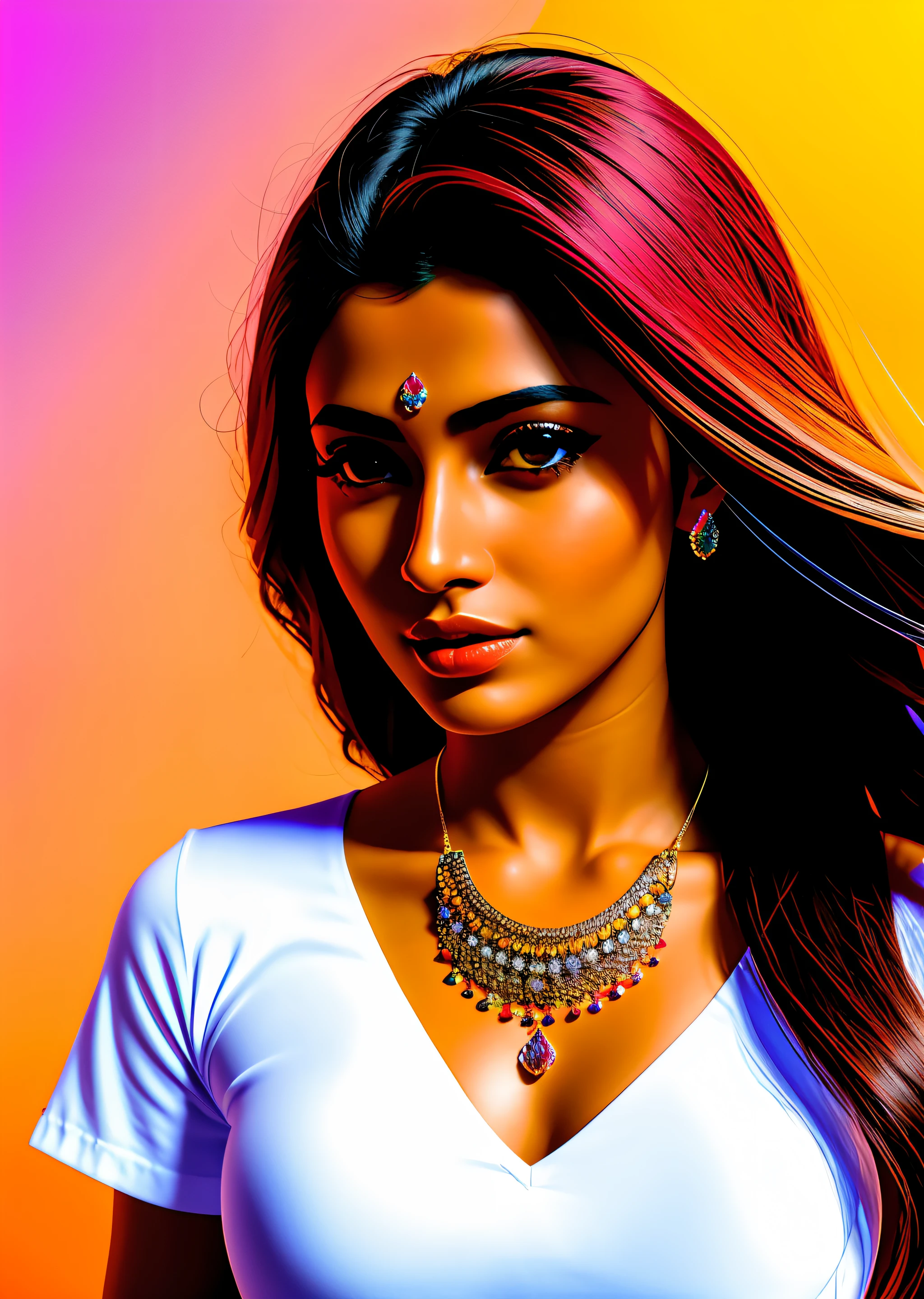 Fashion model photography, colorful short-sleeved shirts, strong sense of design, medium shot, Indian beauty model, long hair, hair accessories, delicate skin, necklace, simple background, high texture, glare backlight, professional studio lighting