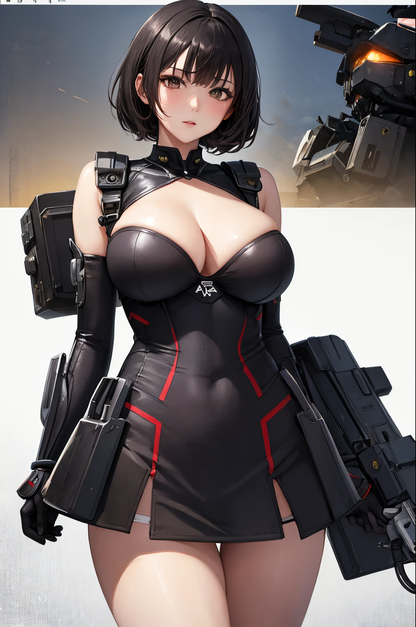 masterpiece、Top image quality、Black hair、Black bra、Colossal tits、mechs、animesque、8K,masterpiece, bset quality,Colossal tits、(1girl in)、((Pit Girl Suit))、shinny skin、Shiny big、dark-brown eyes、 ((top-quality))、 Crisp focus:1.2、Highly detailed facial and skin texture、A detailed eye、face perfect、perfect bodies、art by、nffsw、Blur the background、japanes、Big breasts with a strong presence、Circuit field、Blur the background、Cowboy Shot、