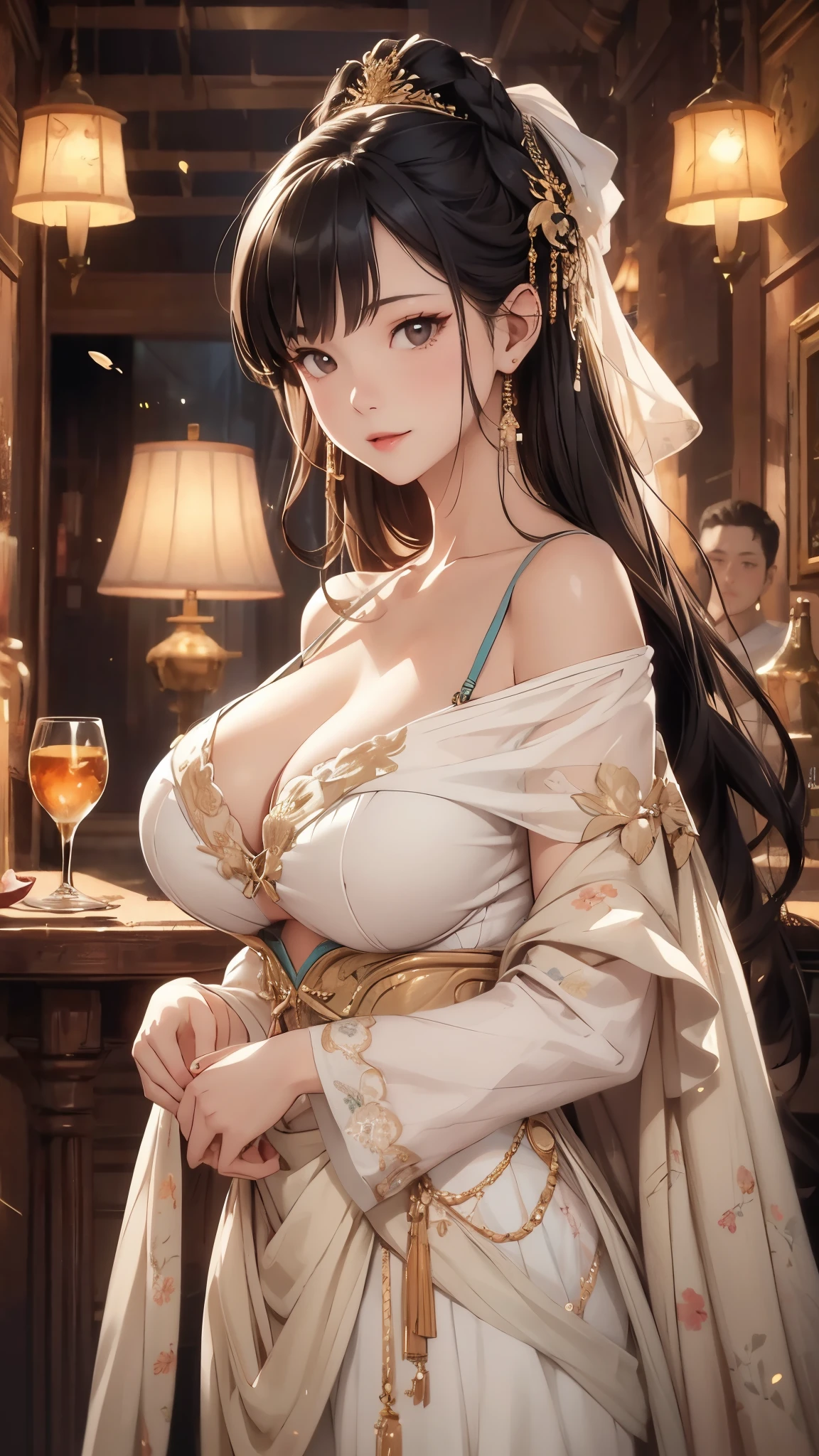 (RAW photogr,Best quality at best),Huge cleavage,sportrait,ssmile,White clothes,frontal photos,LOP,(Off-the-shoulder attire),(realistically,real photograph:1.3 pcs),Best quality at best,Lop,,The content is very detailed,tmasterpiece、,ultra - detailed,lamplight、,2 girls,(huge boob,Lop)