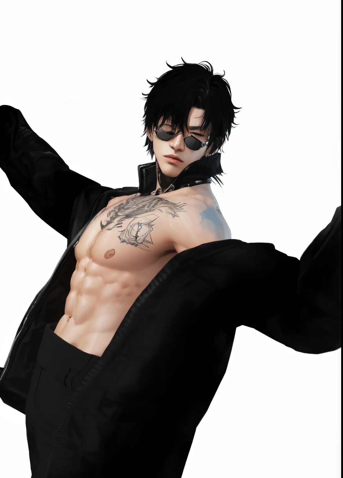 8k, complex, elegant, Very detailed, majestic, digital photography, surreal painting, defeat magic, Winding lightning, (masterpiece, side light, fine and beautiful eyes: 1.2), HdR, (bright blue eyes)), Naked upper body, (bright tattoo), elegant boy, cana, musculature, Dark skin, demon horn, Raining, elegant, in front of the camera, masterpiece